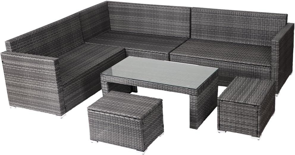 Panana Rattan Garden Sofa Set, 8-Seater - Coffee Table & Stool, Grey