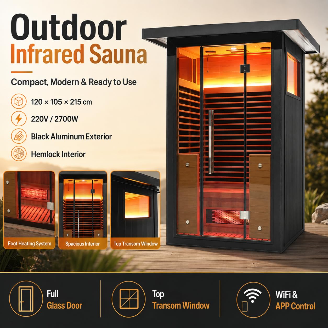 Infrared Sauna, 2-3 Person - 2700W, WiFi App Control, Black Aluminium Exterior