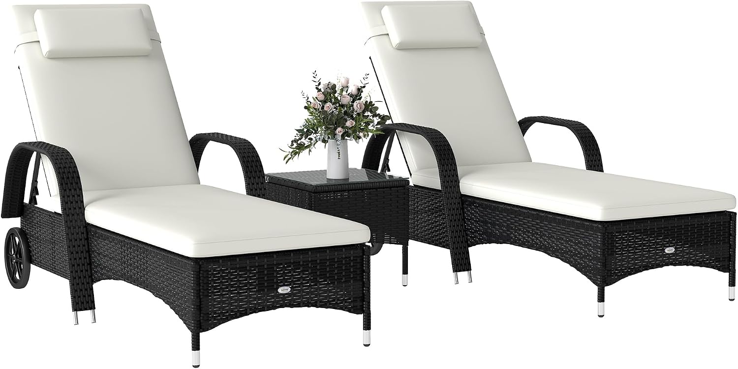Outsunny Rattan Sun Loungers, Set of 2 - With Side Table, Black