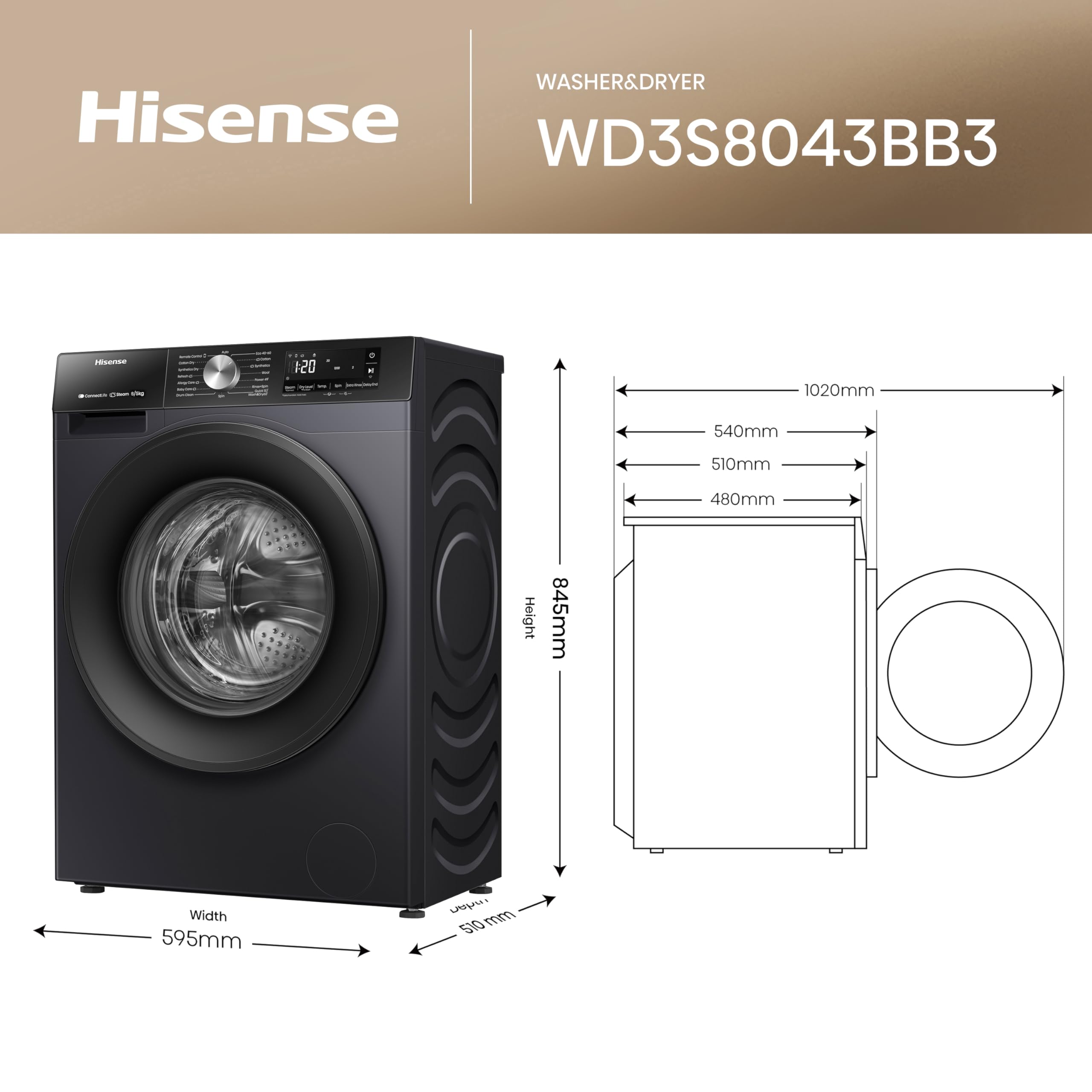 Hisense 3S Series Washer Dryer - 8kg/5kg, 1400 RPM, WiFi Connected, Black