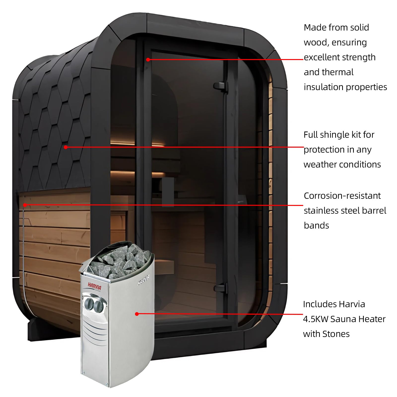 Canadian Red Cedar Outdoor Steam Sauna, 4-6 Person - 6kW Harvia Heater, Tempered Glass