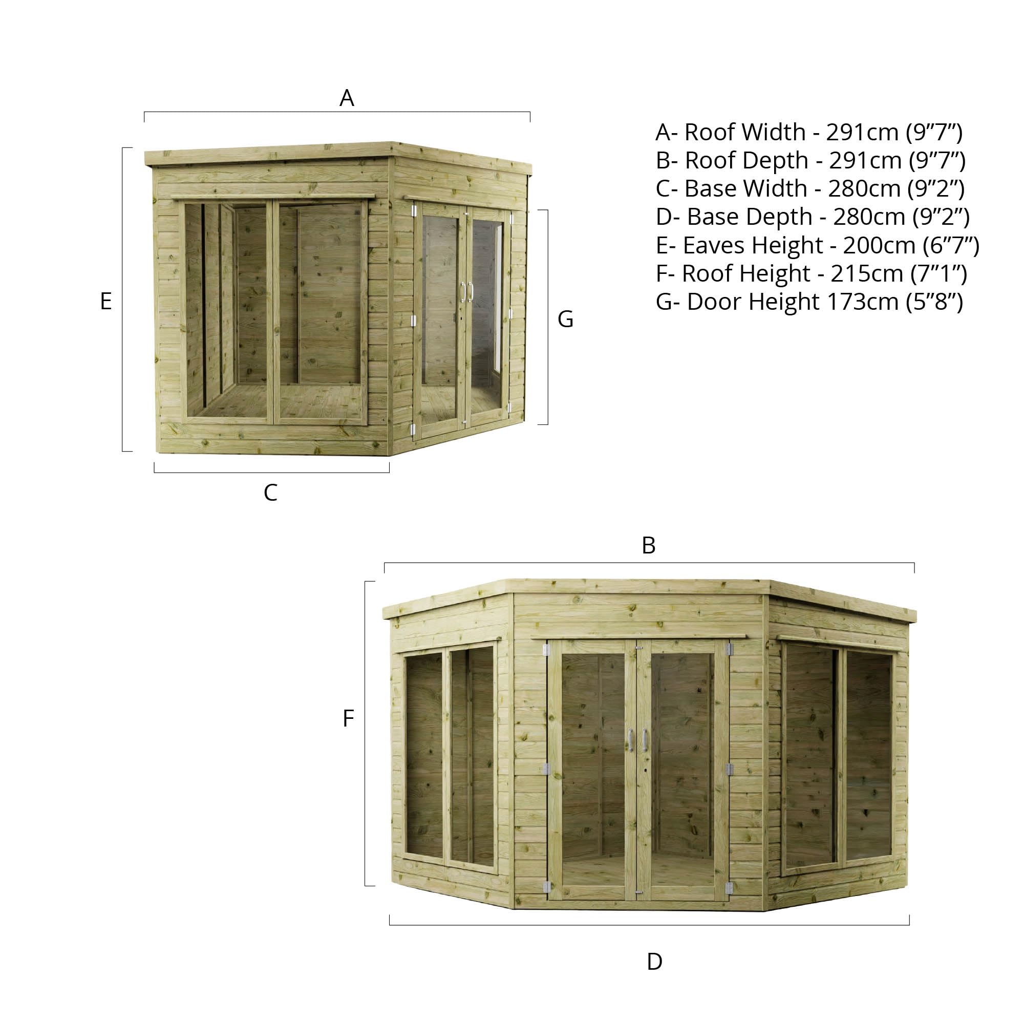 Waltons Wooden Corner Summerhouse - Shiplap Tongue & Groove, Flat Roof, Double Door, 8 x 8 ft