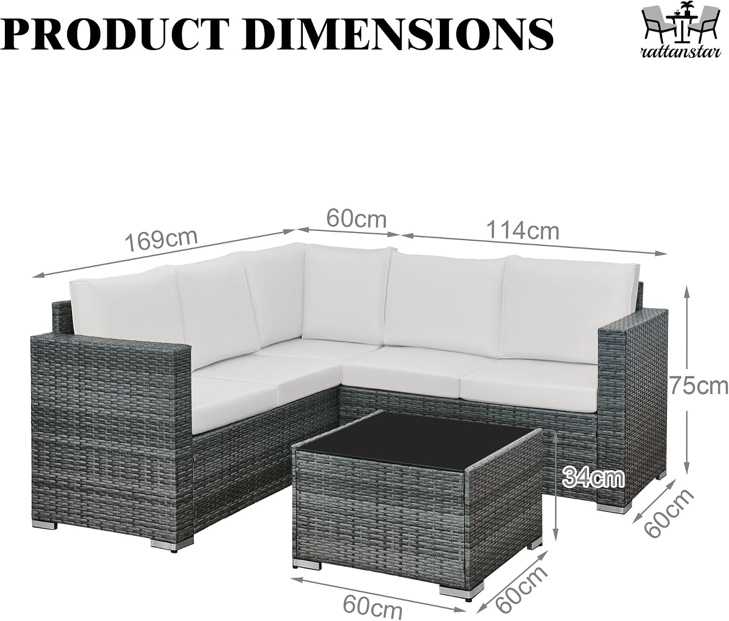 rattanstar Rattan Garden Furniture Set, 5-Seater - Corner Sofa with Glass-Top Coffee Table
