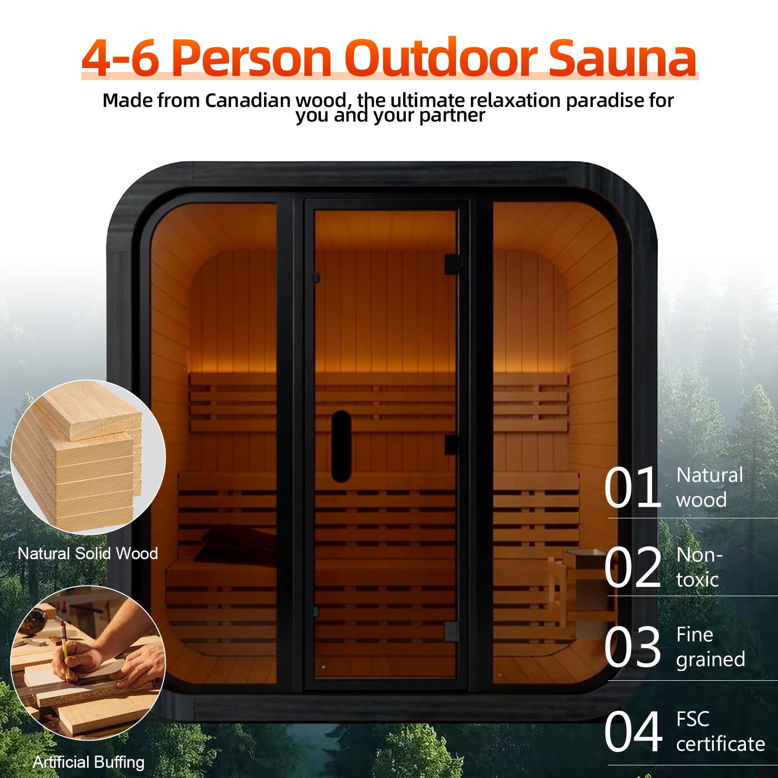 Canadian Red Cedar Outdoor Steam Sauna, 4-6 Person - 6kW Harvia Heater, Tempered Glass