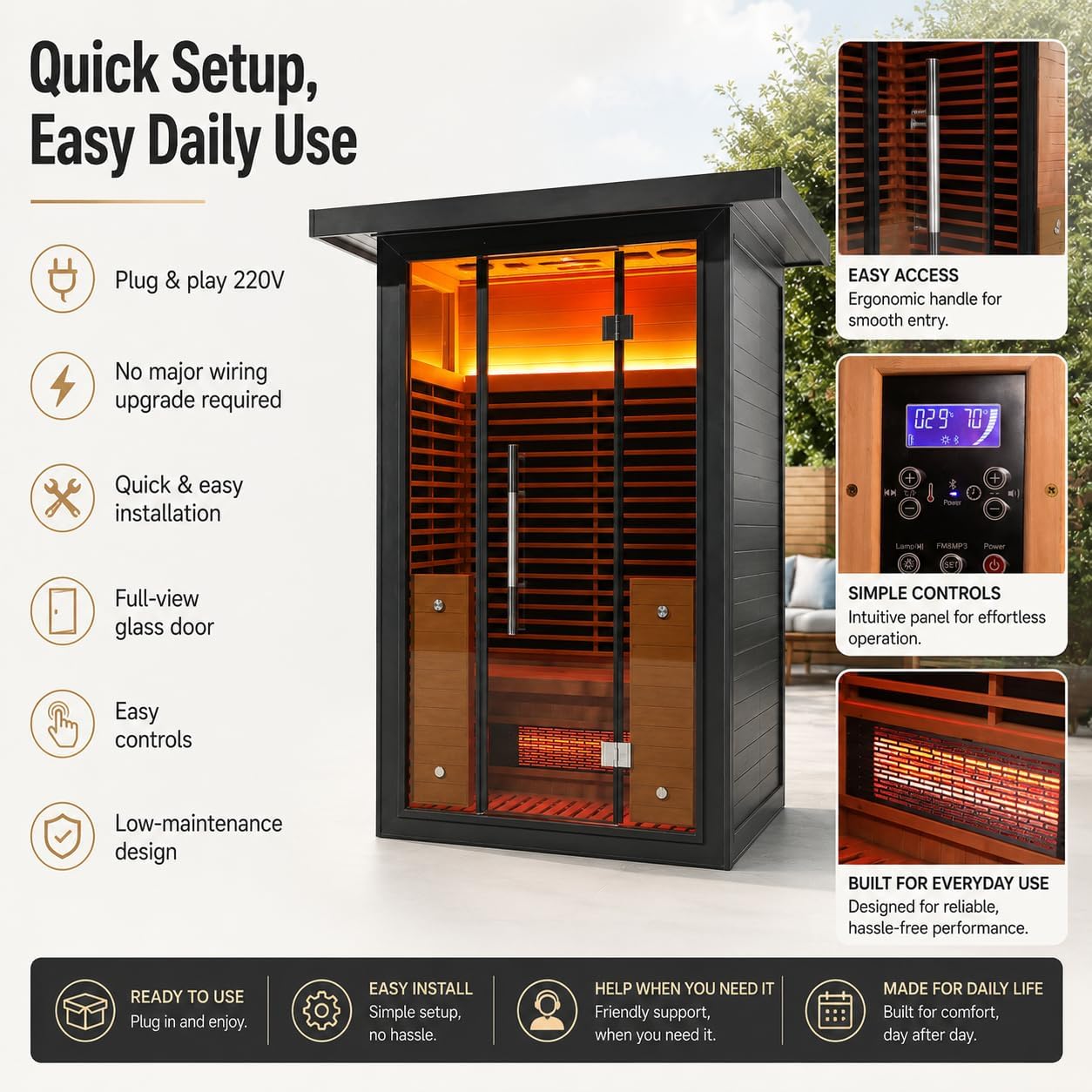Infrared Sauna, 2-3 Person - 2700W, WiFi App Control, Black Aluminium Exterior