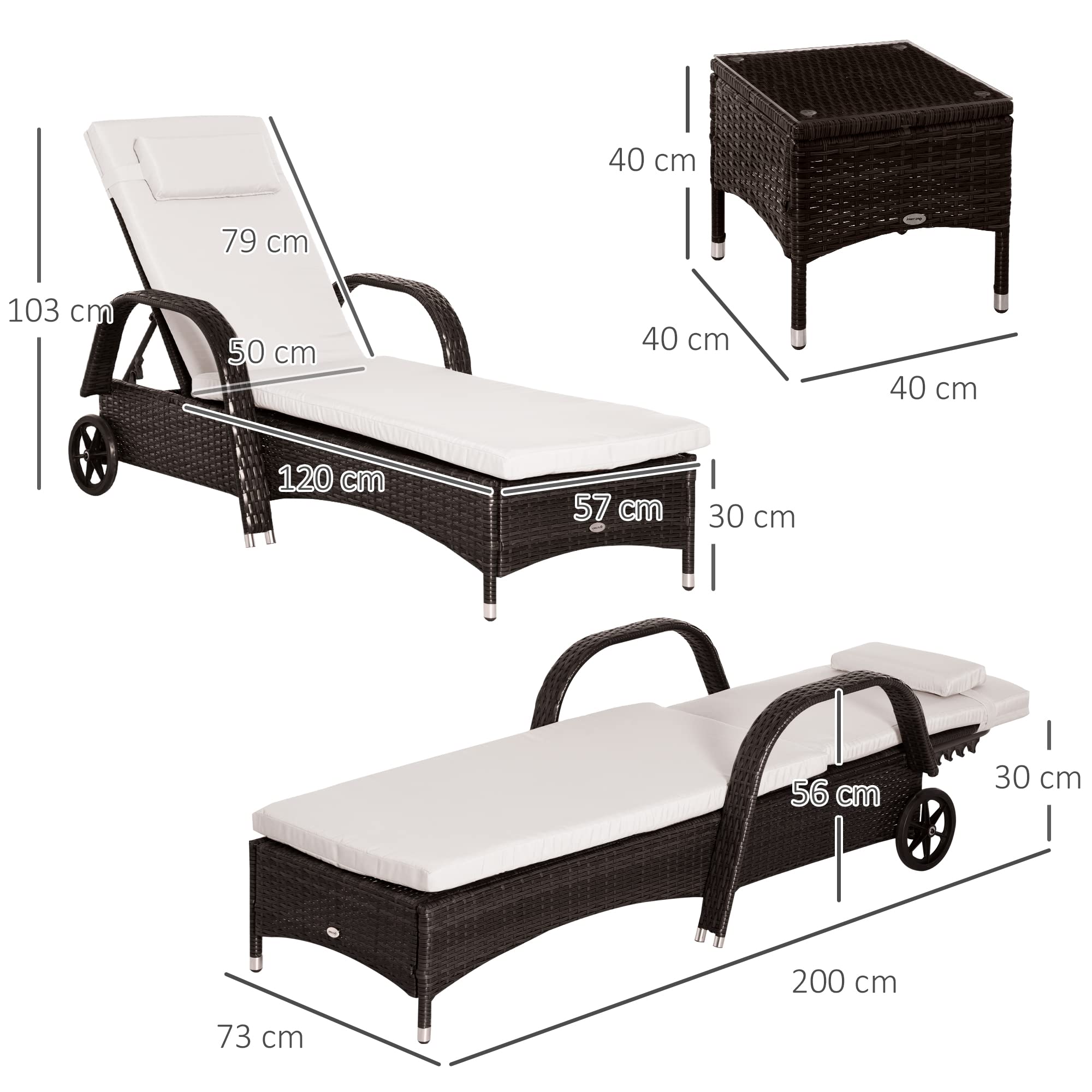 Outsunny Rattan Sun Loungers, Set of 2 - With Side Table, Black