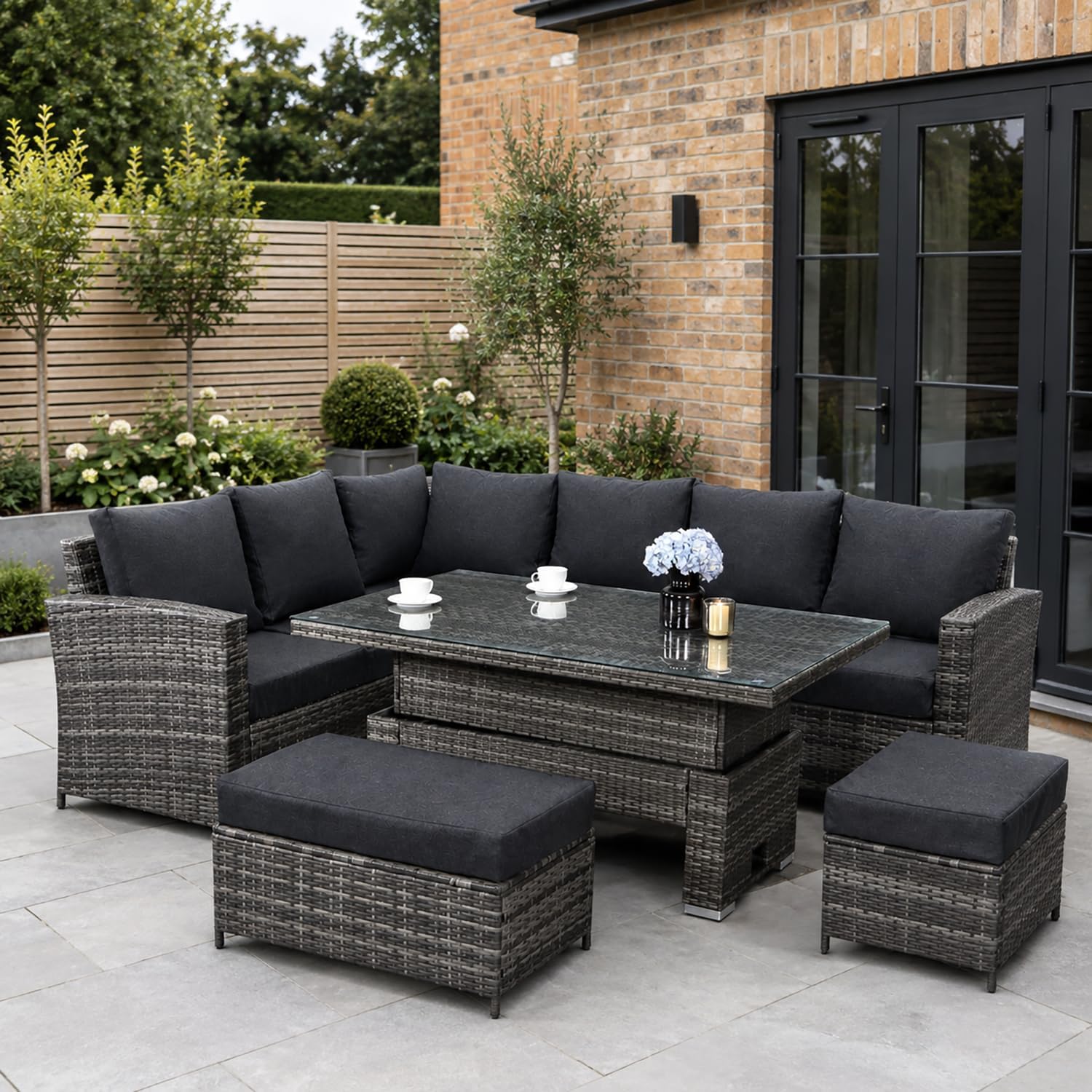 Goods Emporium Rattan Garden Furniture Set, 9-Seater - Height-Adjustable Rising Table, Dark Grey