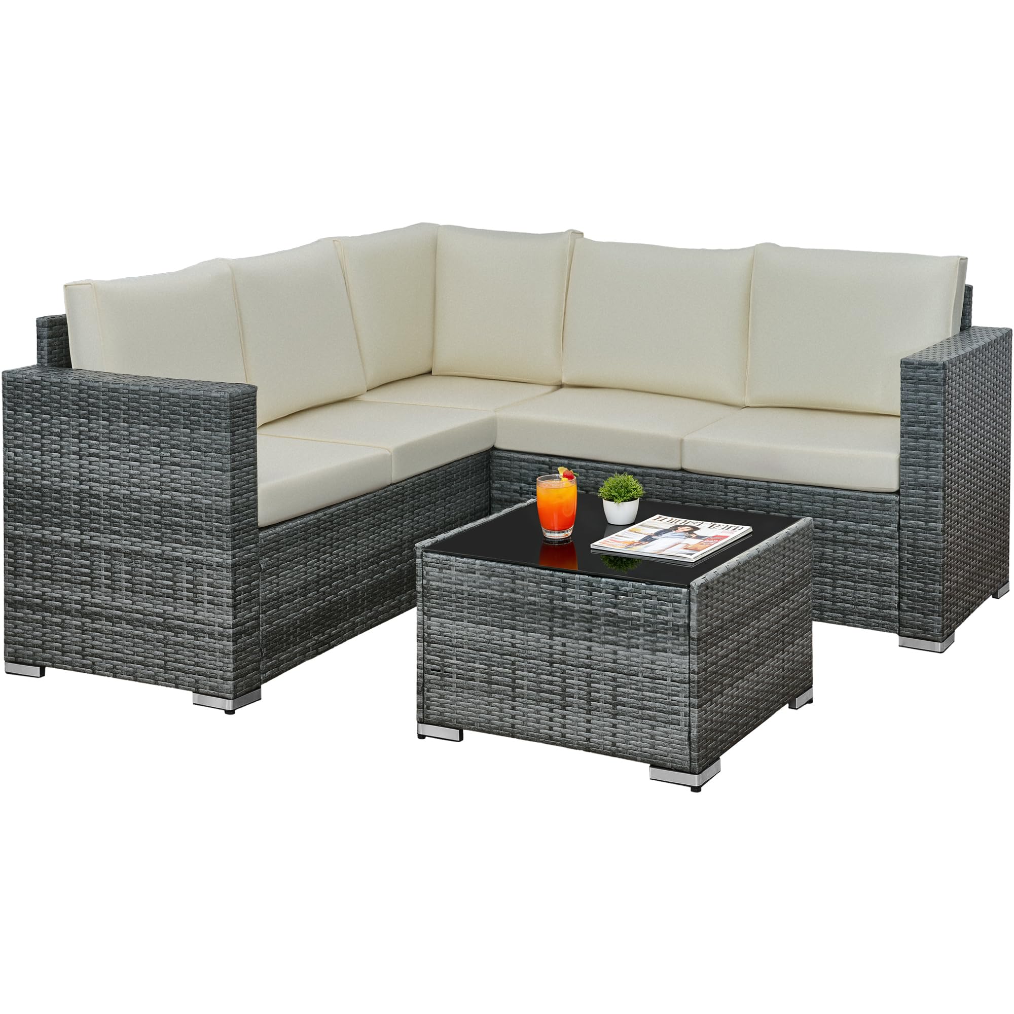 rattanstar Rattan Garden Furniture Set, 5-Seater - Corner Sofa with Glass-Top Coffee Table