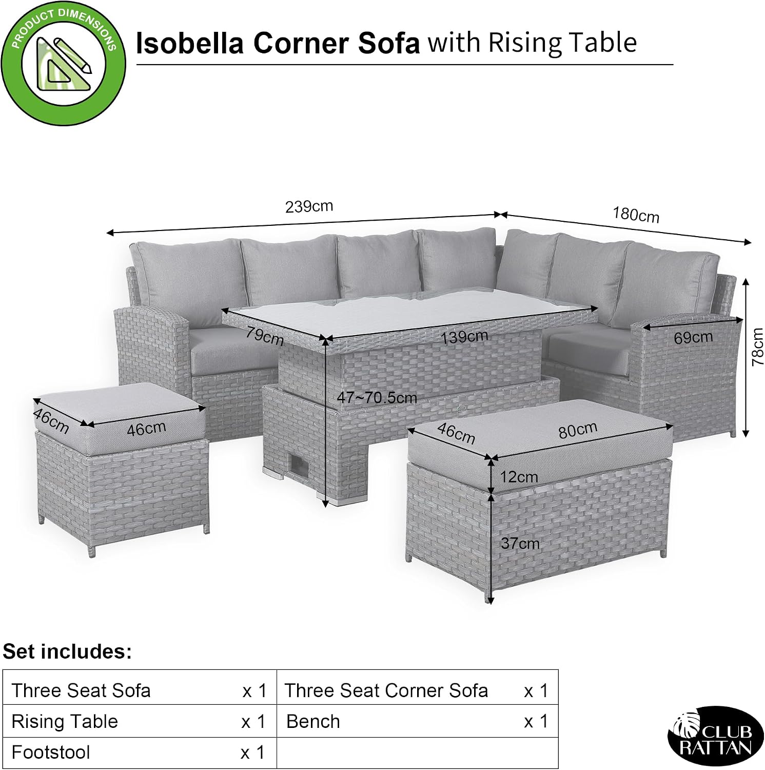 Club Rattan Harmony Corner Sofa Set, 9-Seater - High Back, Left Hand, Rising Table, Grey