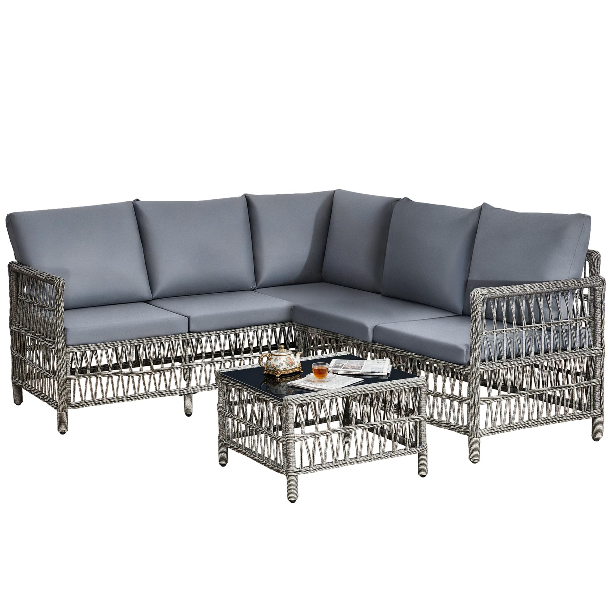 rattanstar Rattan Garden Furniture Set, 5-Seater - Corner Sofa with Glass-Top Coffee Table