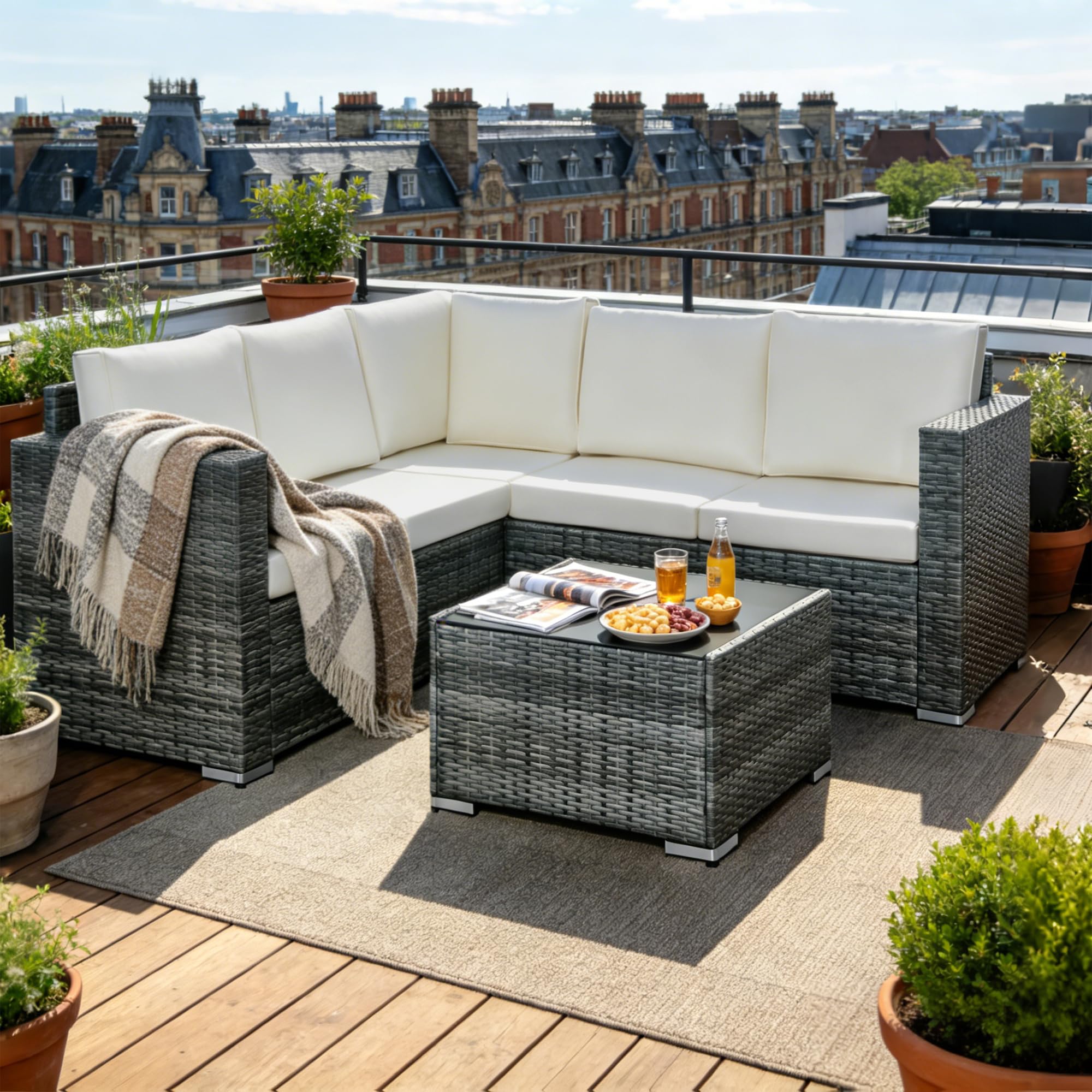 rattanstar Rattan Garden Furniture Set, 5-Seater - Corner Sofa with Glass-Top Coffee Table