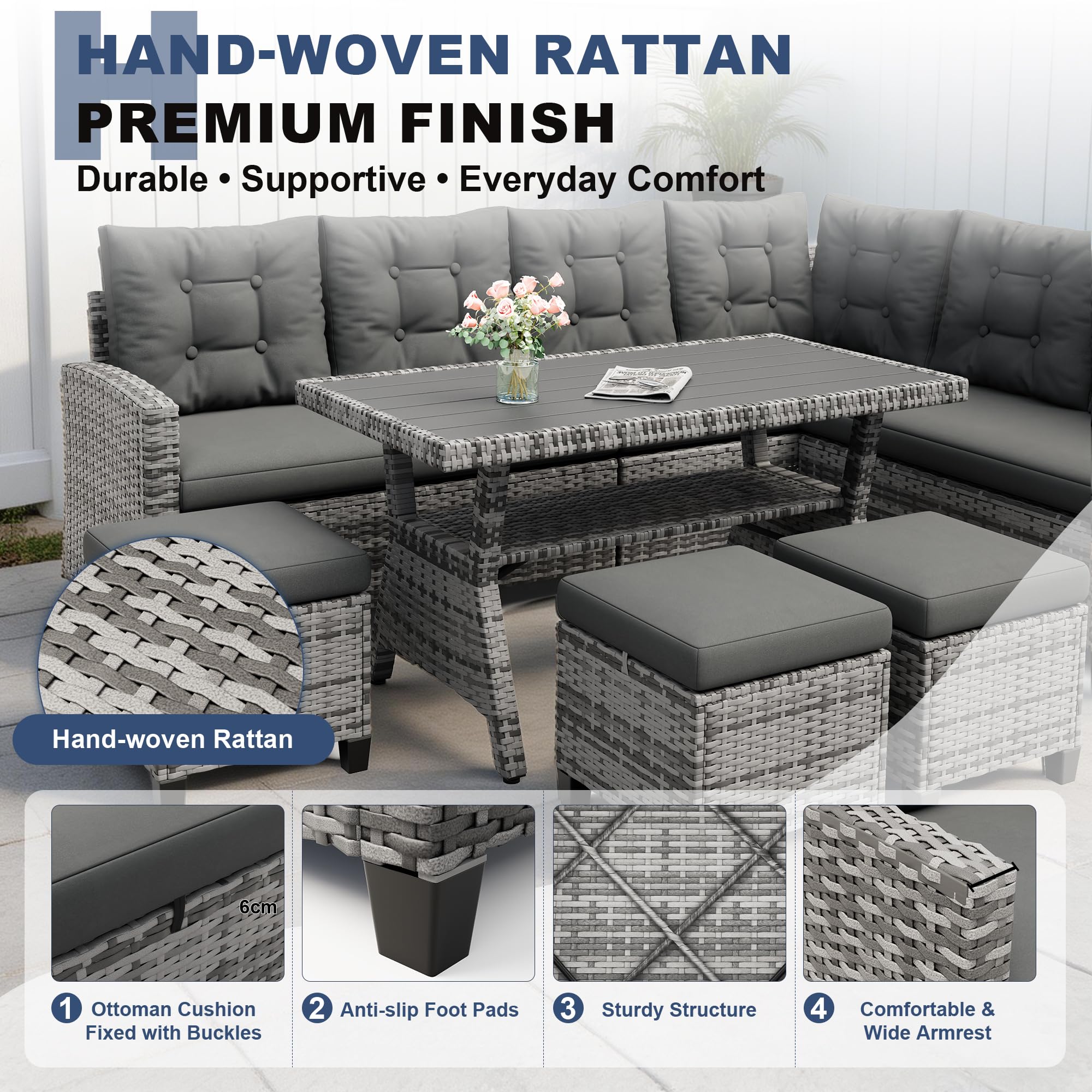 Amopatio Rattan Garden Corner Sofa Set, 9-Seater - WPC Dining Table & Storage Shelf, Grey