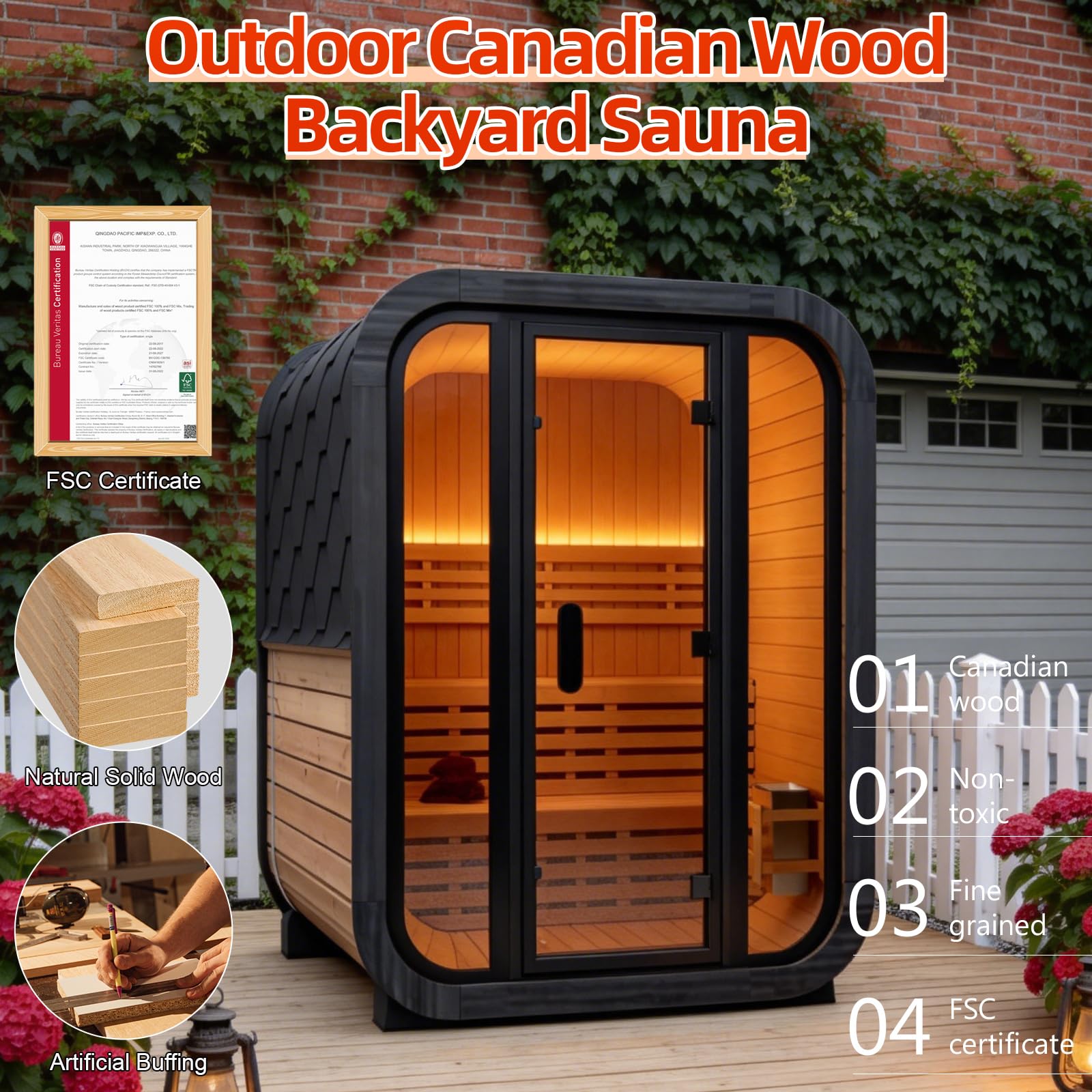 Canadian Red Cedar Outdoor Steam Sauna, 4-6 Person - 6kW Harvia Heater, Tempered Glass