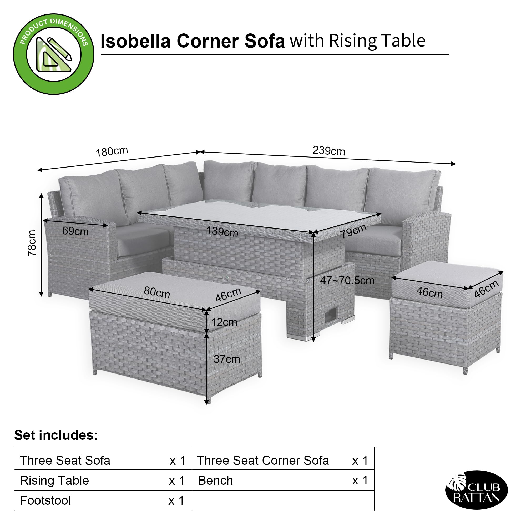 Club Rattan Harmony Corner Sofa Set, 9-Seater - High Back, Left Hand, Rising Table, Grey
