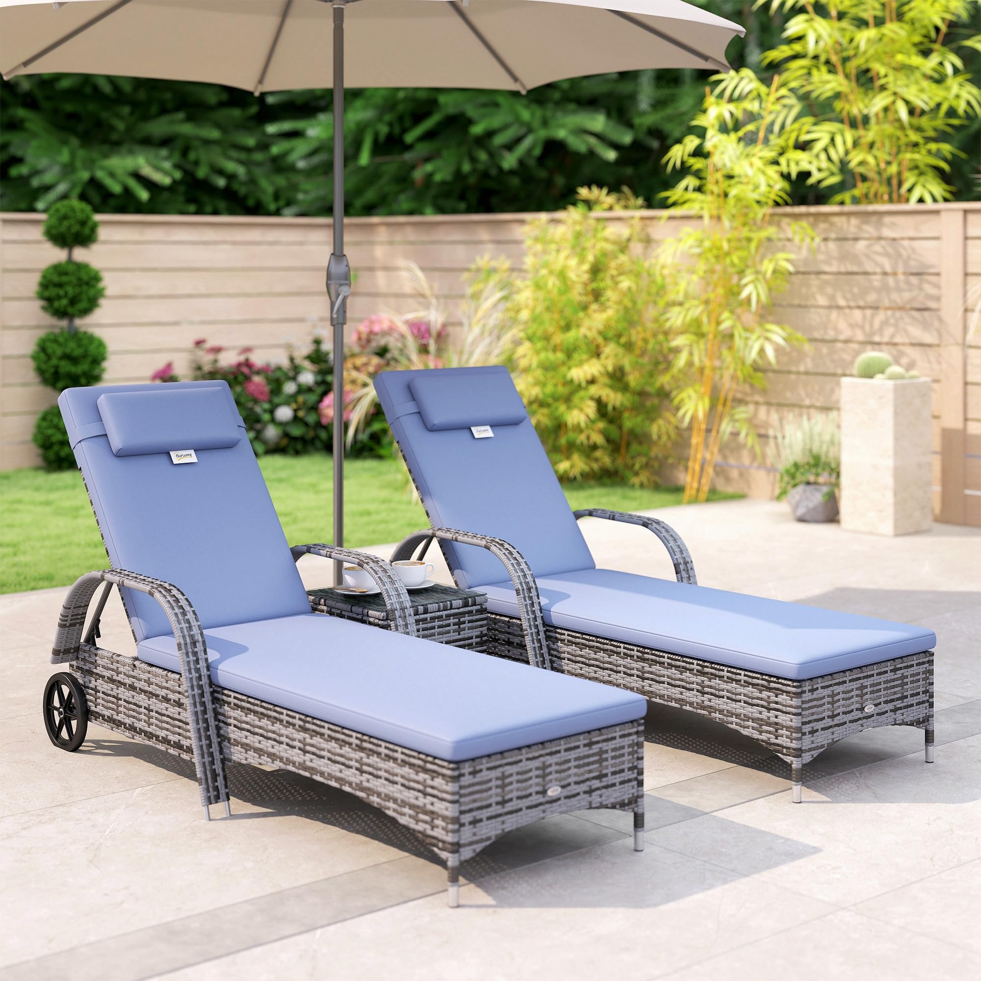 Outsunny Rattan Sun Loungers, Set of 2 - With Side Table, Black