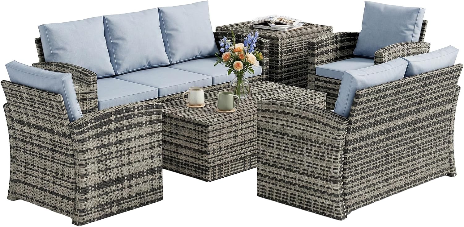 Outsunny Rattan Garden Furniture Set, 7-Seater - 6-Piece, Cushions, Grey