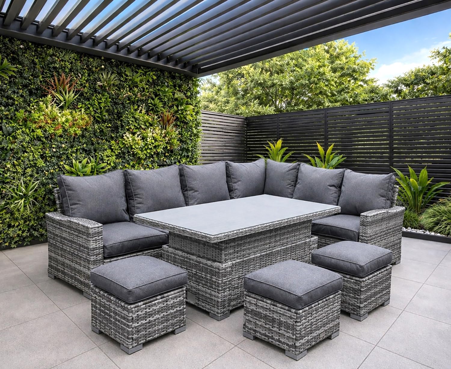 Goods Emporium Rattan Garden Furniture Set, 9-Seater - Rising Table, Left/Right Hand Configurable, Dark Grey