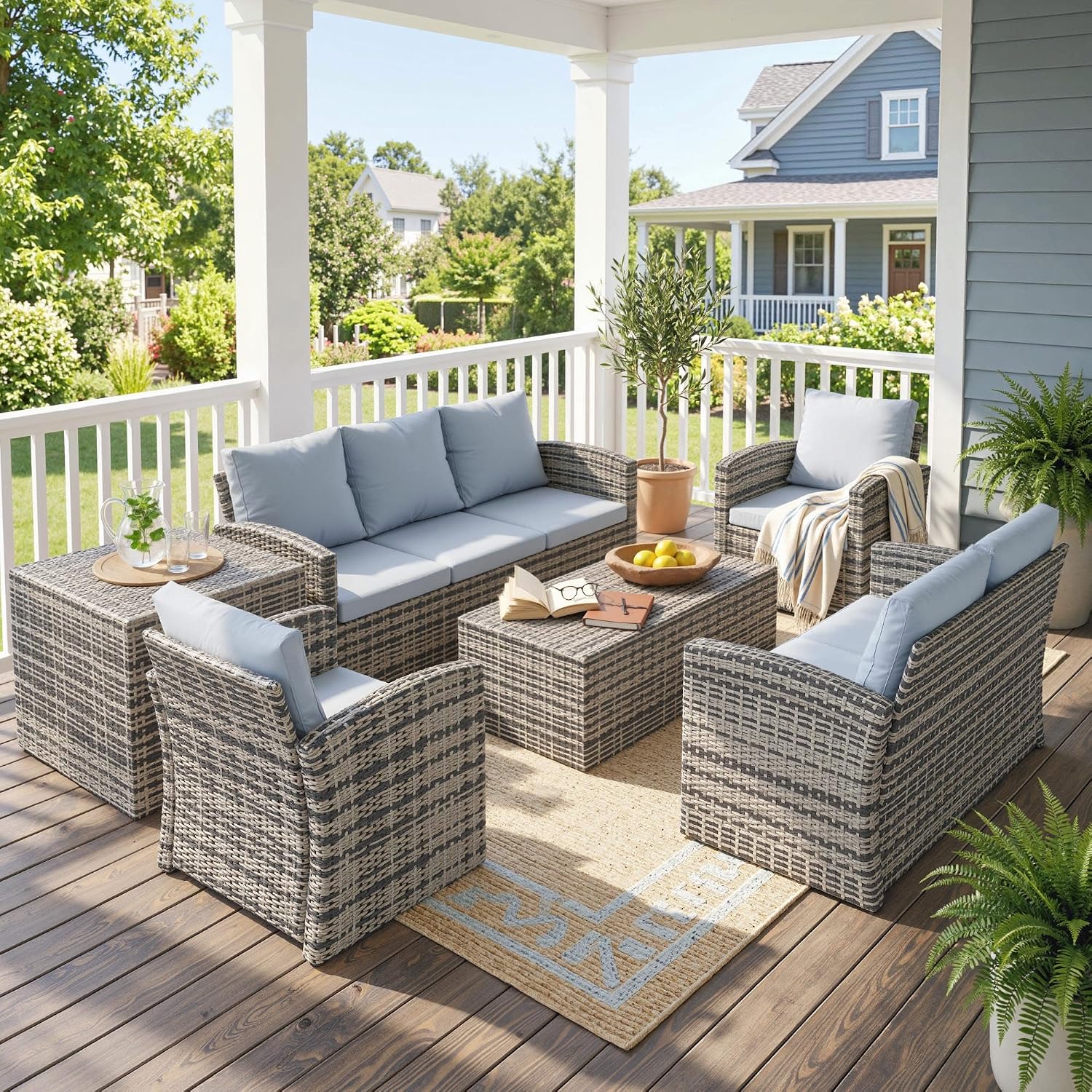 Outsunny Rattan Garden Furniture Set, 7-Seater - 6-Piece, Cushions, Grey