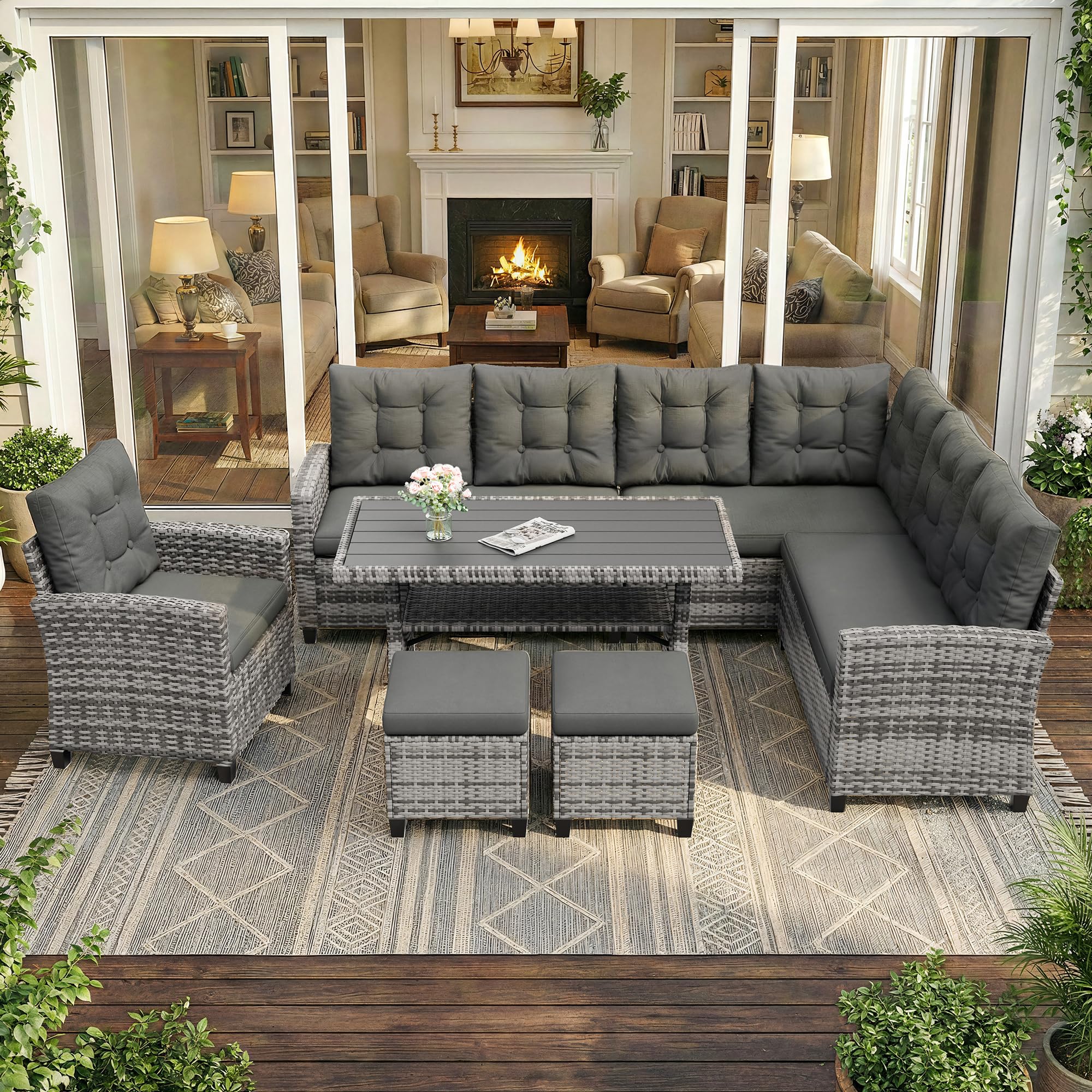 Amopatio Rattan Garden Corner Sofa Set, 9-Seater - WPC Dining Table & Storage Shelf, Grey