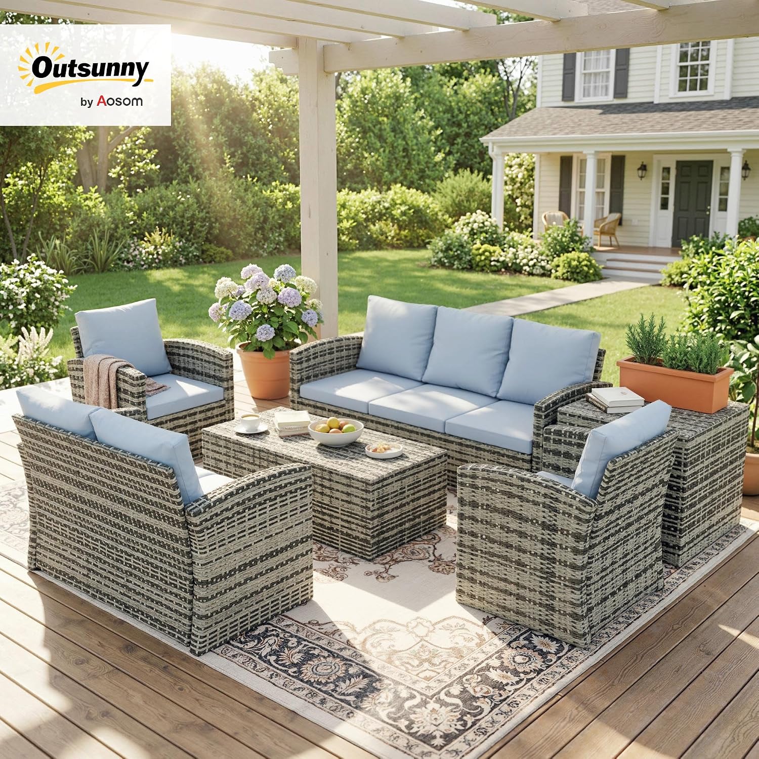 Outsunny Rattan Garden Furniture Set, 7-Seater - 6-Piece, Cushions, Grey