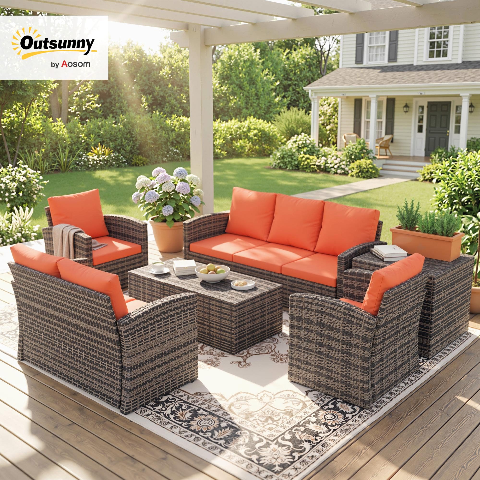 Outsunny Rattan Garden Furniture Set, 7-Seater - 6-Piece, Cushions, Grey