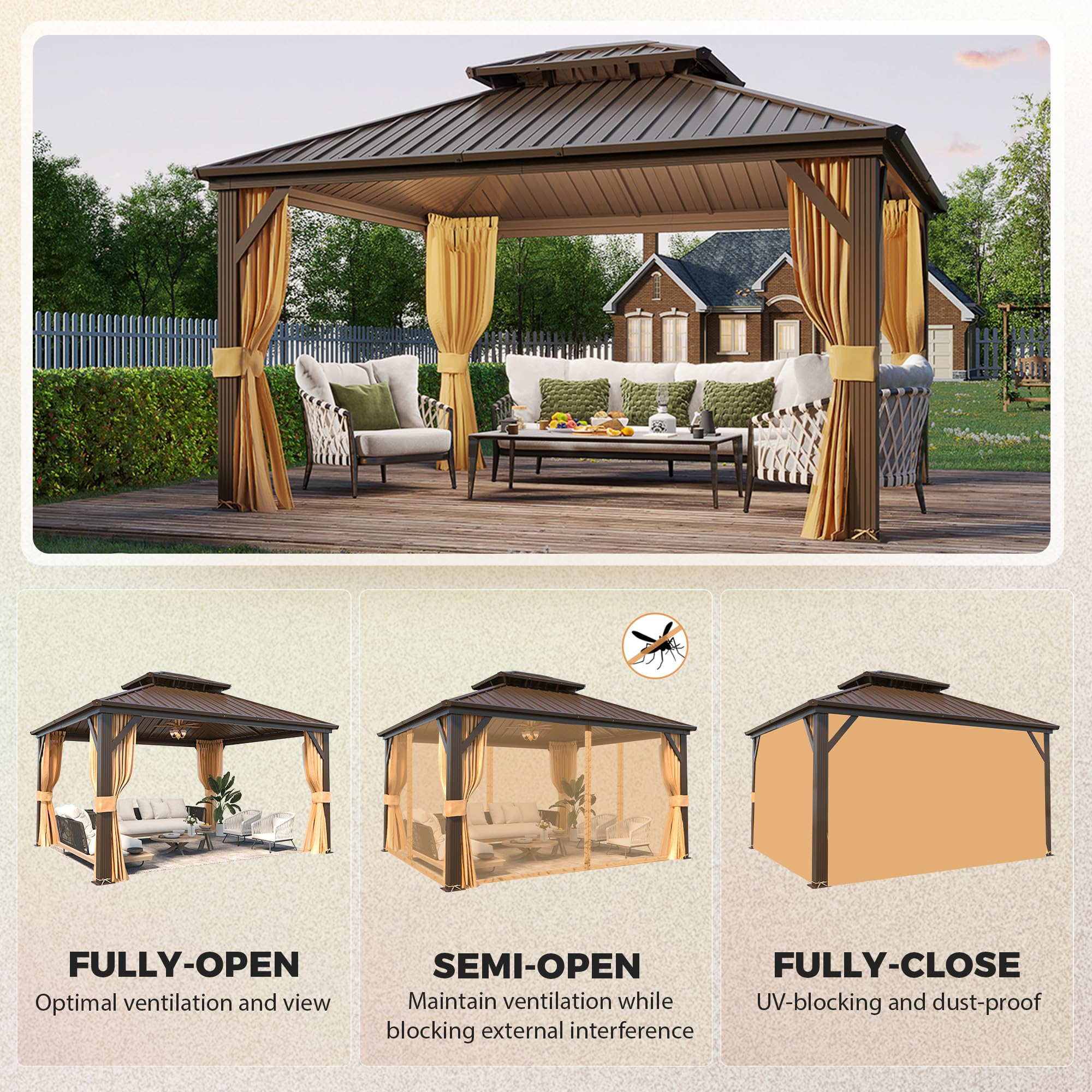 EROMMY Hardtop Gazebo - 3 x 3.6m, Aluminum Double Roof, Brown