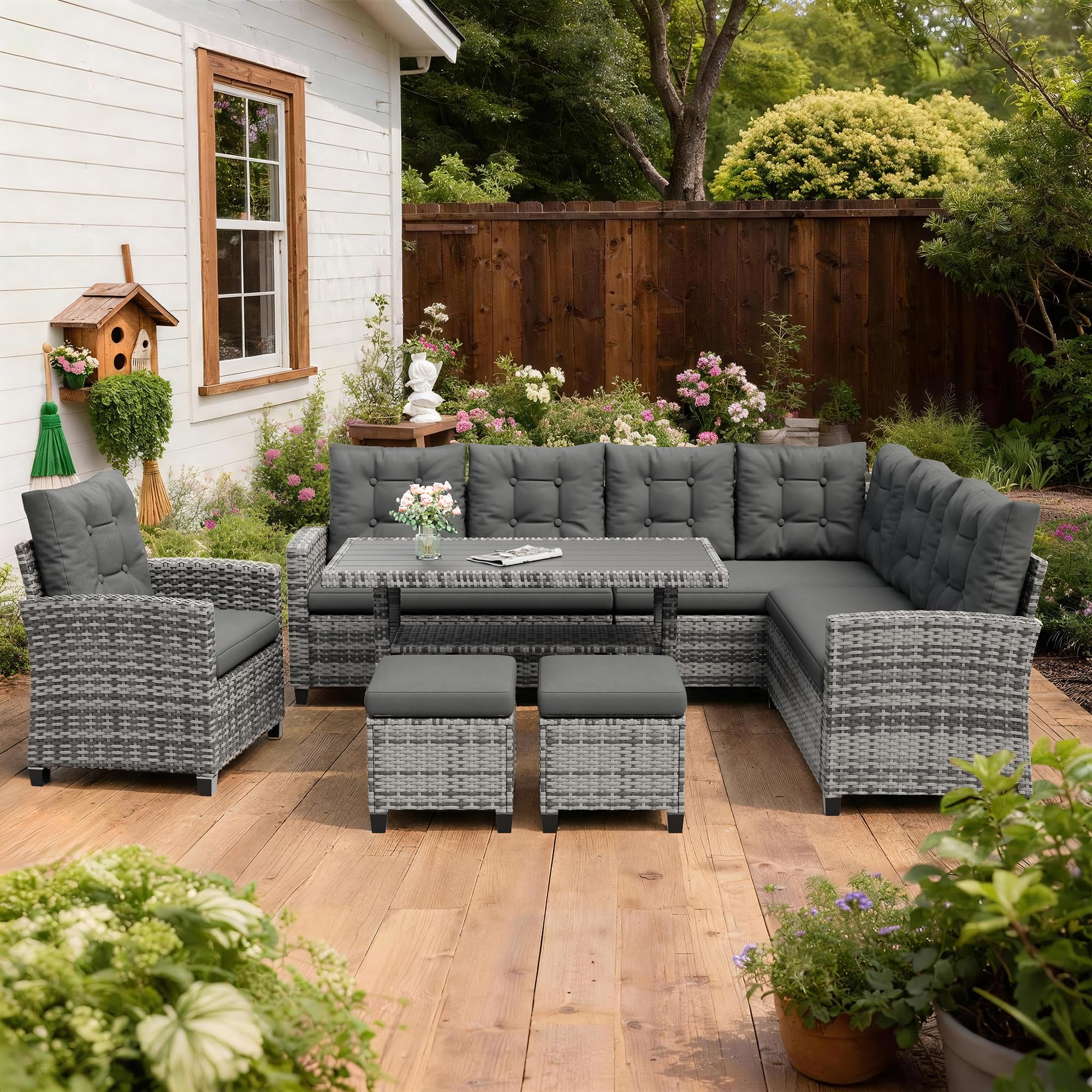 Amopatio Rattan Garden Corner Sofa Set, 9-Seater - WPC Dining Table & Storage Shelf, Grey