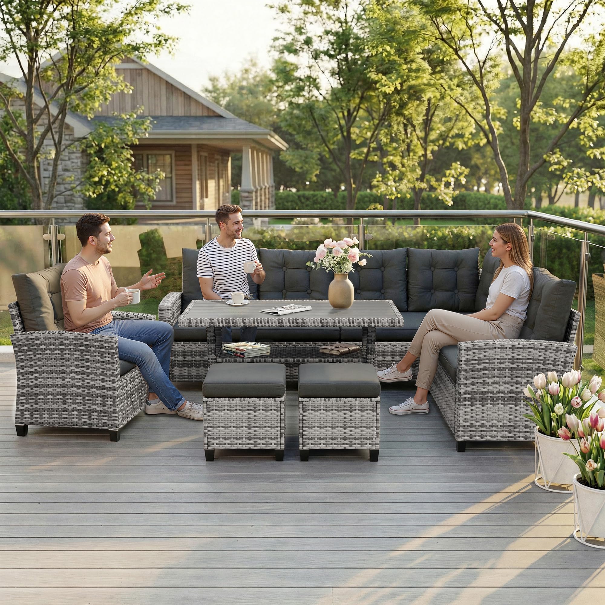 Amopatio Rattan Garden Corner Sofa Set, 9-Seater - WPC Dining Table & Storage Shelf, Grey