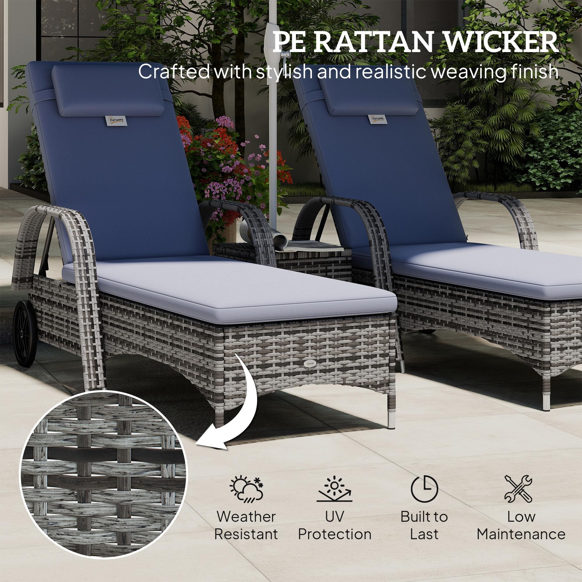 Outsunny Rattan Sun Loungers, Set of 2 - With Side Table, Black