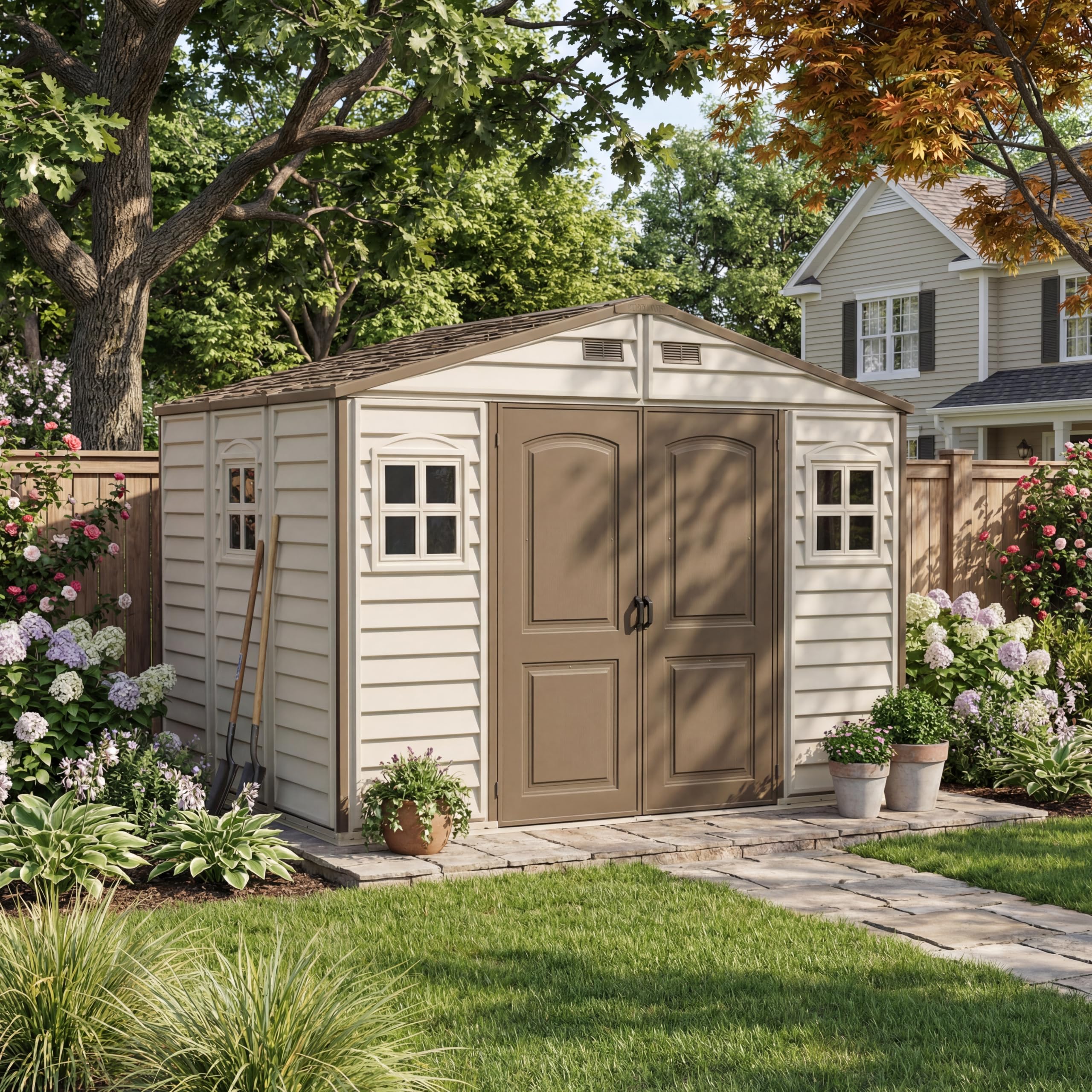 Duramax WoodSide Plastic Garden Shed - 10 x 8 ft (8.02 m2), Beige/Brown