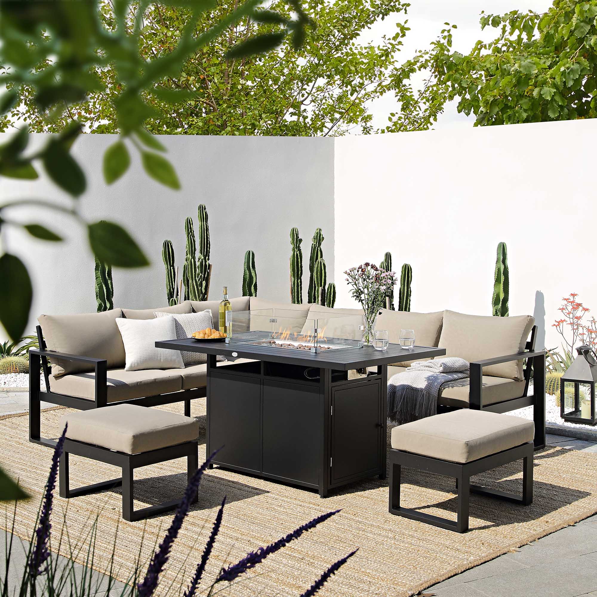 Albany Aluminium Corner Dining Set - With Firepit Table, Taupe