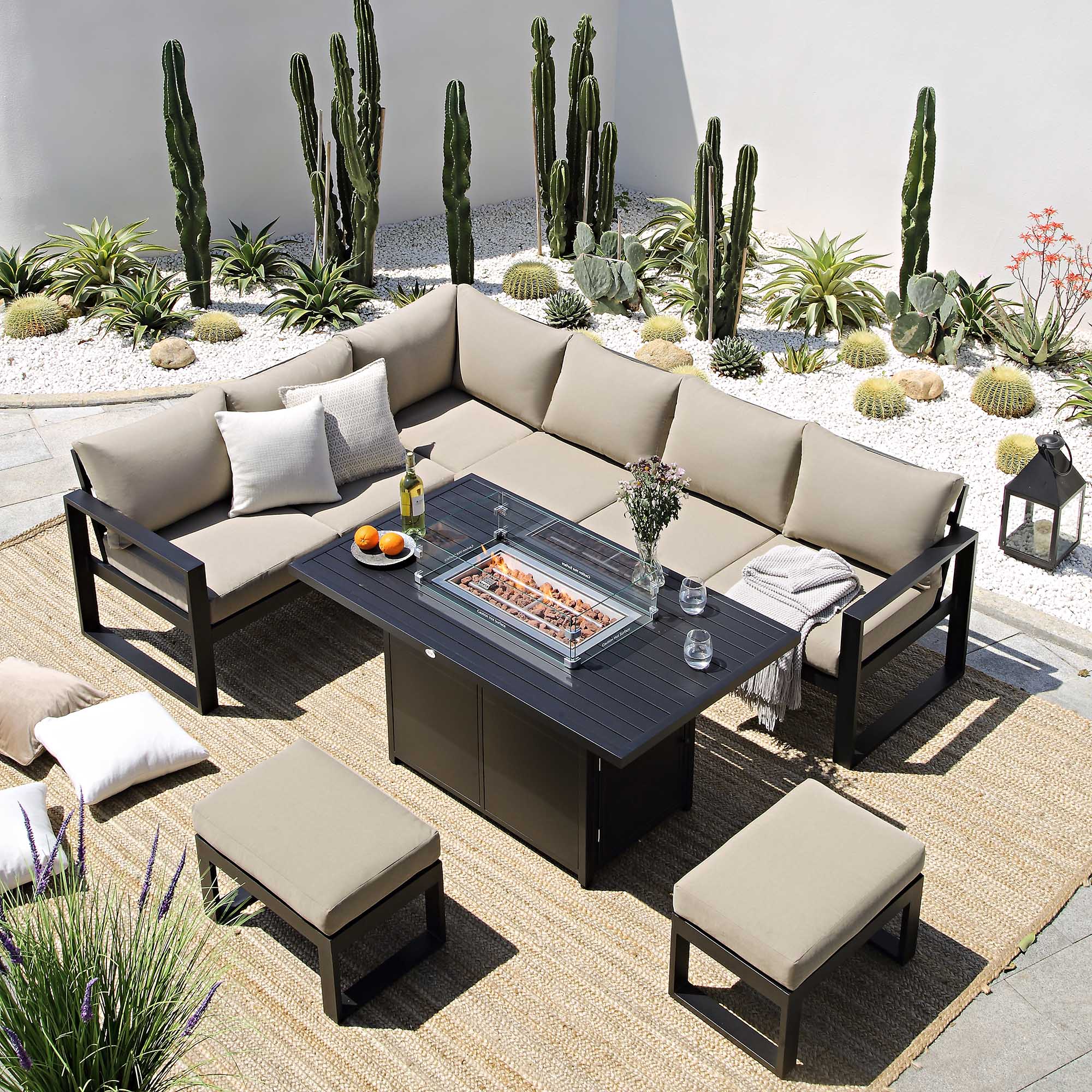 Albany Aluminium Corner Dining Set - With Firepit Table, Taupe