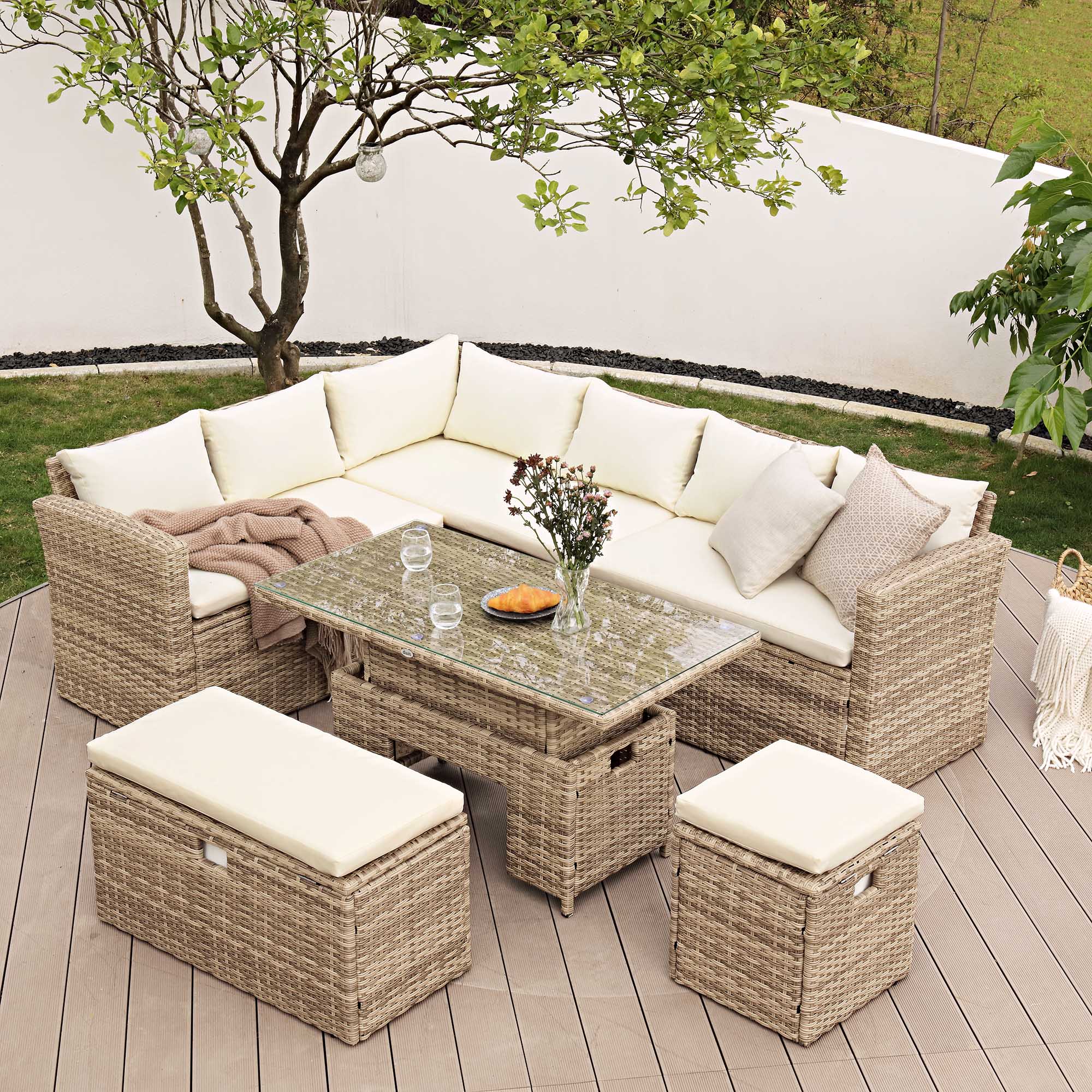 Granchester Rattan Corner Dining Sofa Set - Rectangular Rising Table, Natural