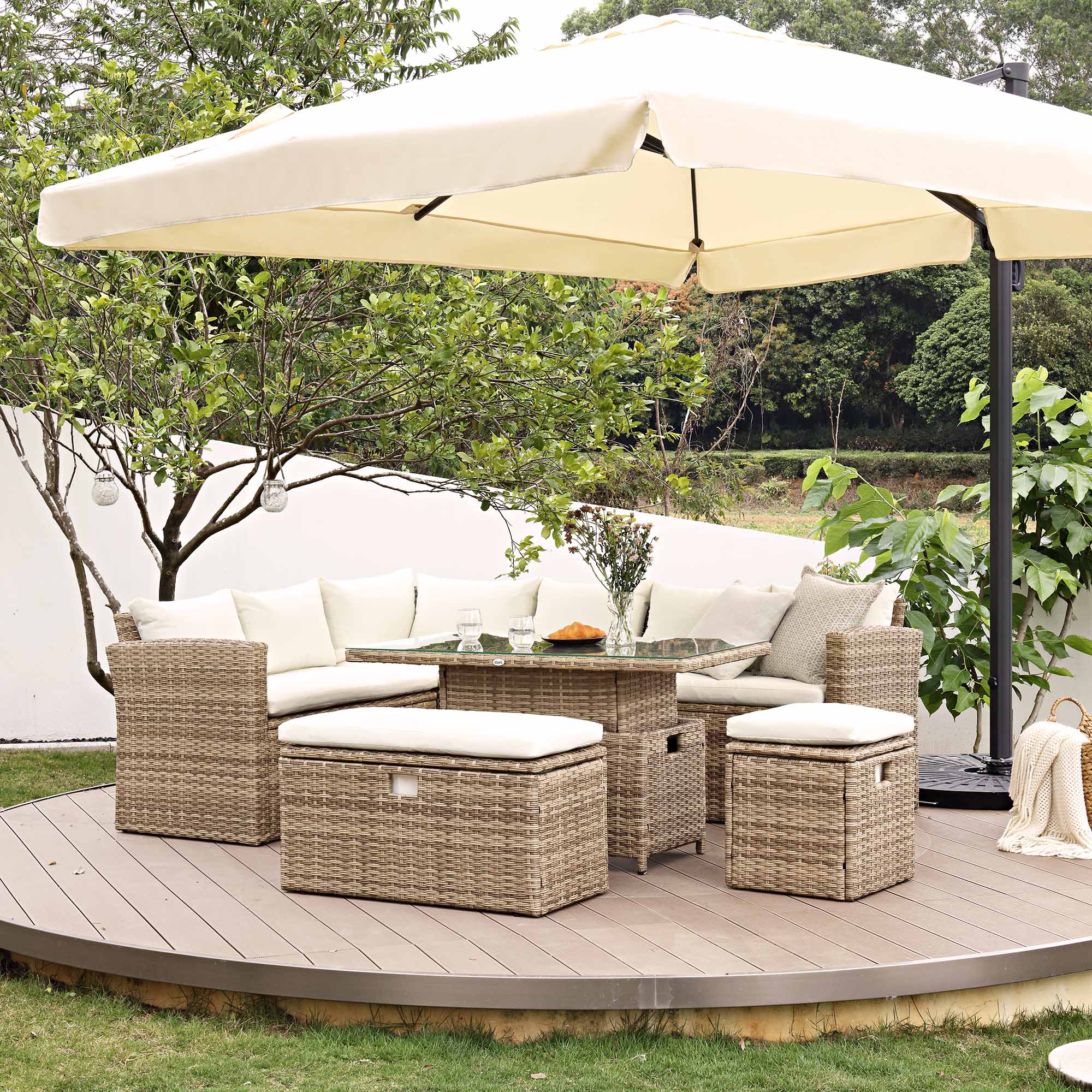 Granchester Rattan Corner Dining Sofa Set - Rectangular Rising Table, Natural