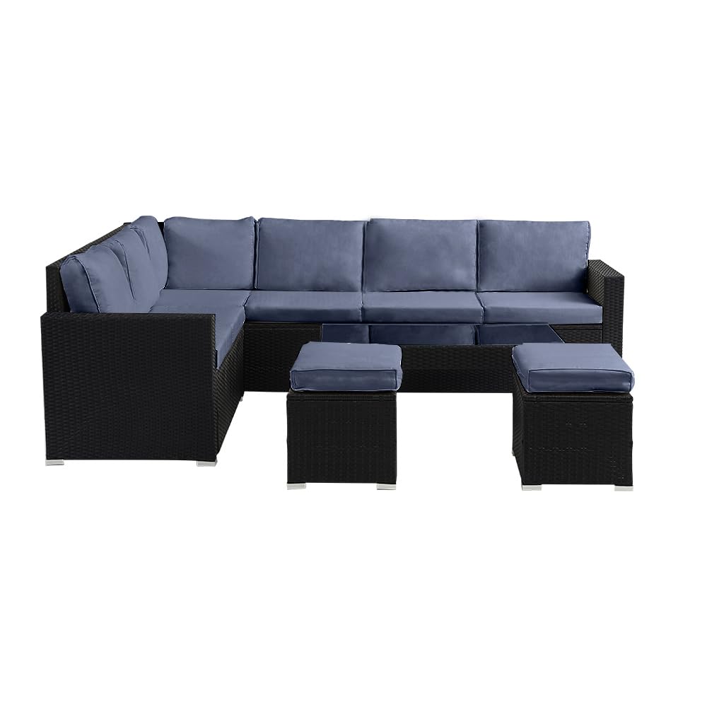 Panana Rattan Garden Sofa Set, 8-Seater - Coffee Table & Stool, Grey