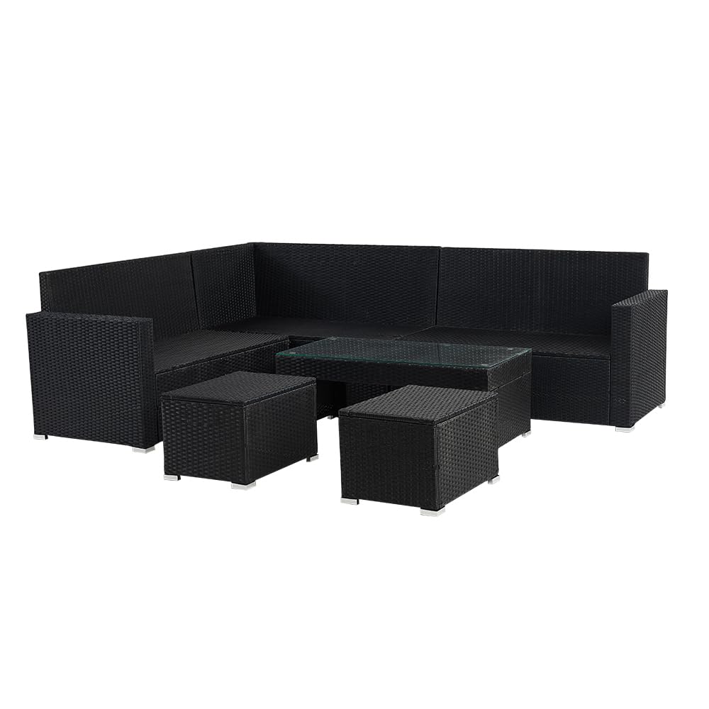 Panana Rattan Garden Sofa Set, 8-Seater - Coffee Table & Stool, Grey