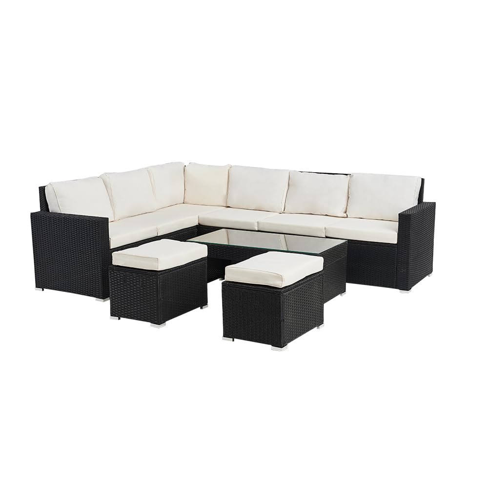 Panana Rattan Garden Sofa Set, 8-Seater - Coffee Table & Stool, Grey