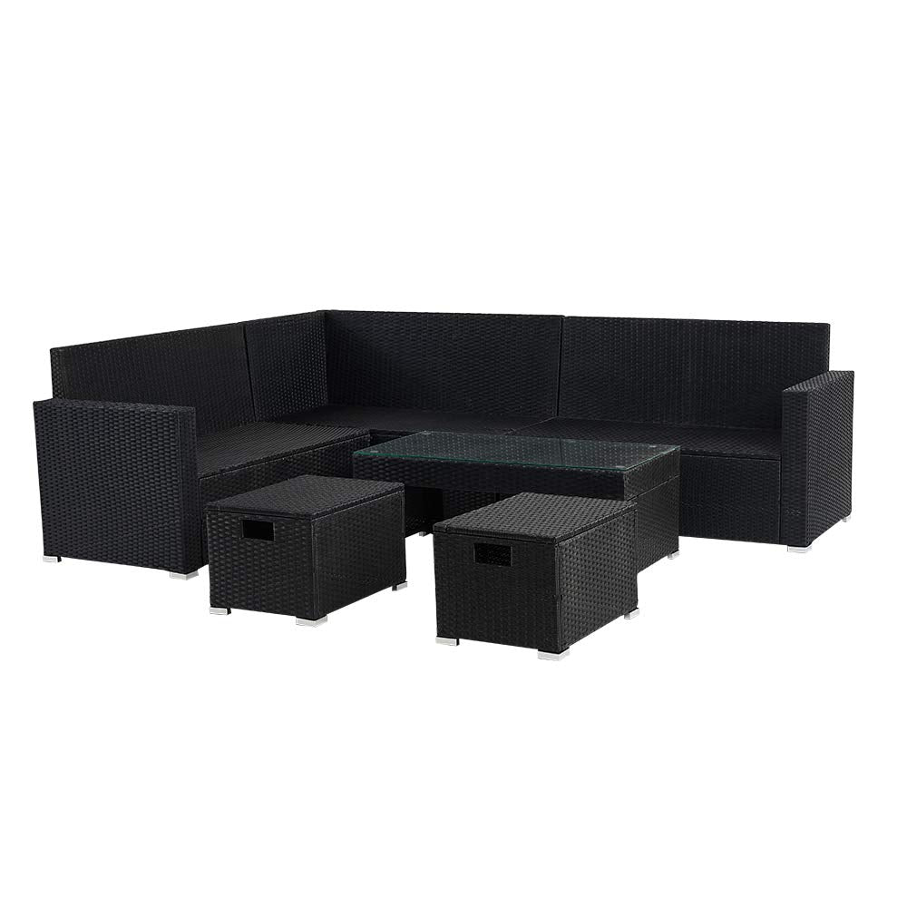 Panana Rattan Garden Sofa Set, 8-Seater - Coffee Table & Stool, Grey