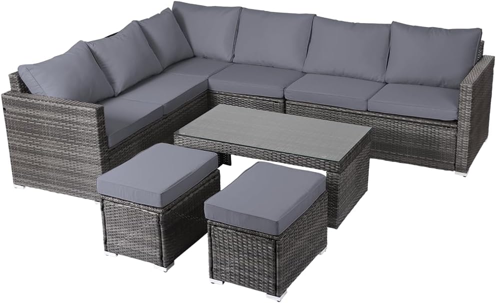 Panana Rattan Garden Sofa Set, 8-Seater - Coffee Table & Stool, Grey