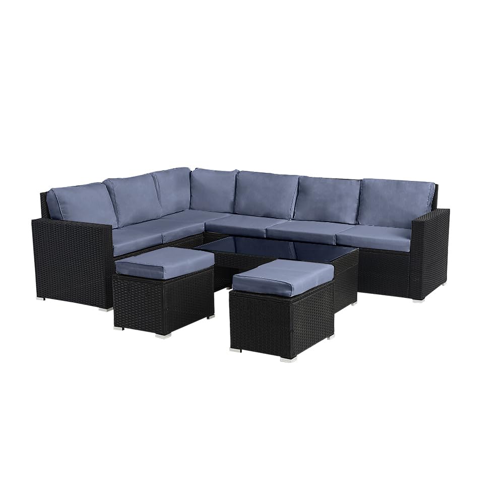 Panana Rattan Garden Sofa Set, 8-Seater - Coffee Table & Stool, Grey