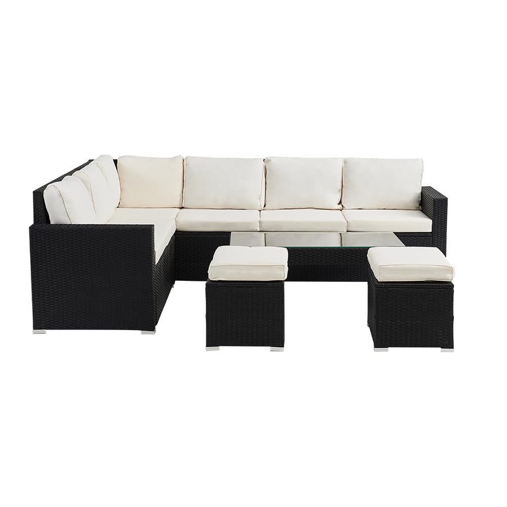 Panana Rattan Garden Sofa Set, 8-Seater - Coffee Table & Stool, Grey