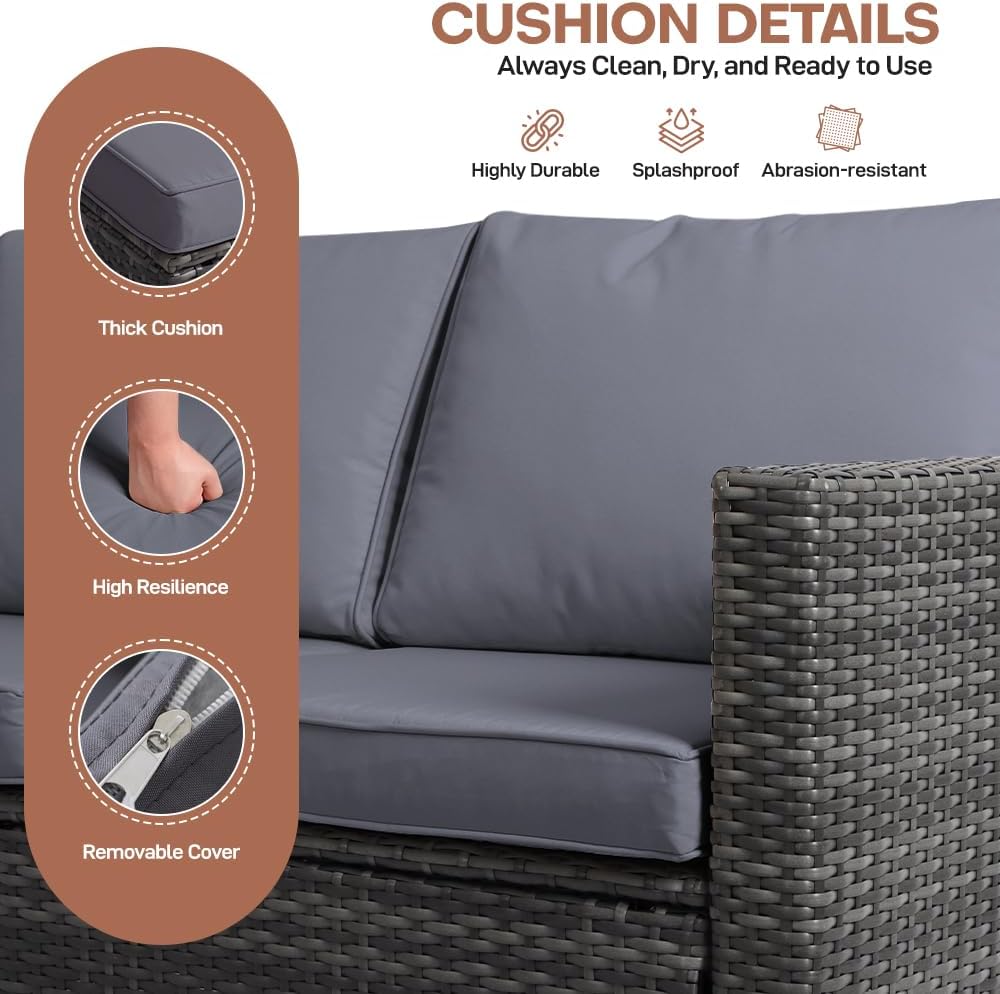 Panana Rattan Garden Sofa Set, 8-Seater - Coffee Table & Stool, Grey