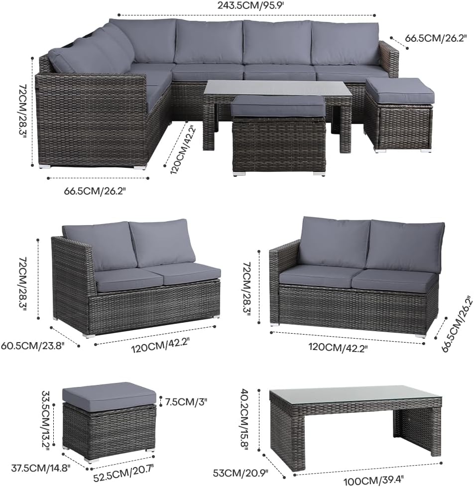 Panana Rattan Garden Sofa Set, 8-Seater - Coffee Table & Stool, Grey