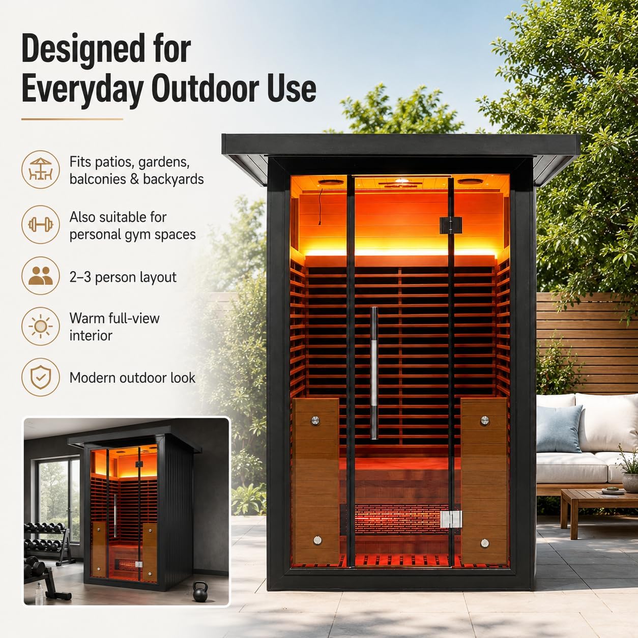 Infrared Sauna, 2-3 Person - 2700W, WiFi App Control, Black Aluminium Exterior