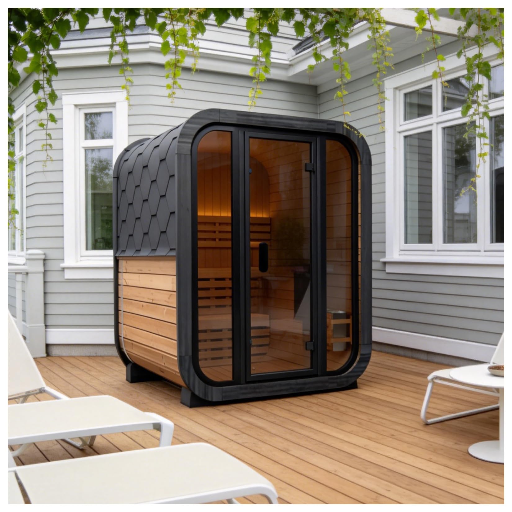 Canadian Red Cedar Outdoor Steam Sauna, 4-6 Person - 6kW Harvia Heater, Tempered Glass