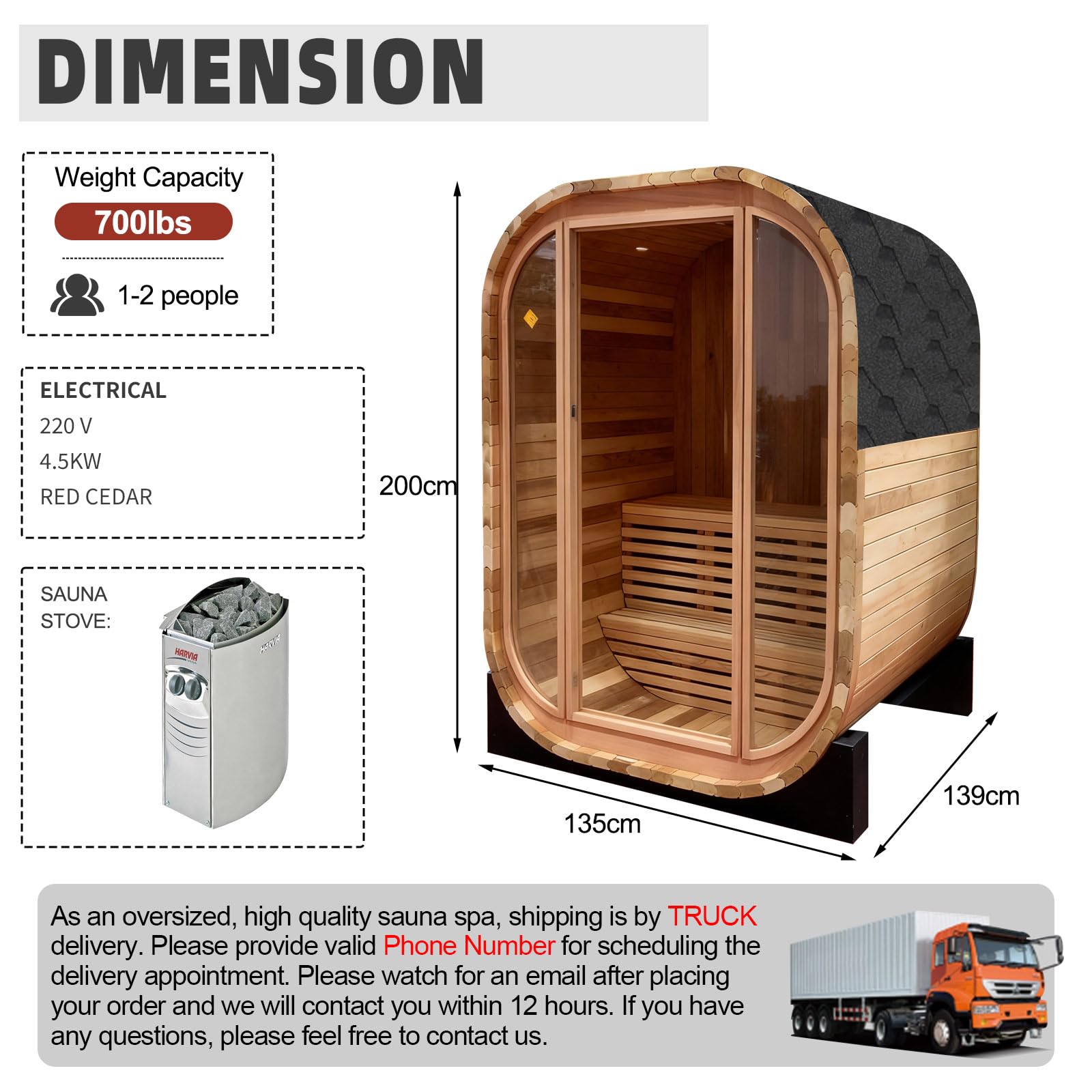 amocane Outdoor Steam Sauna, 2-Person - Canadian Red Cedar, 4.5kW Harvia Stove