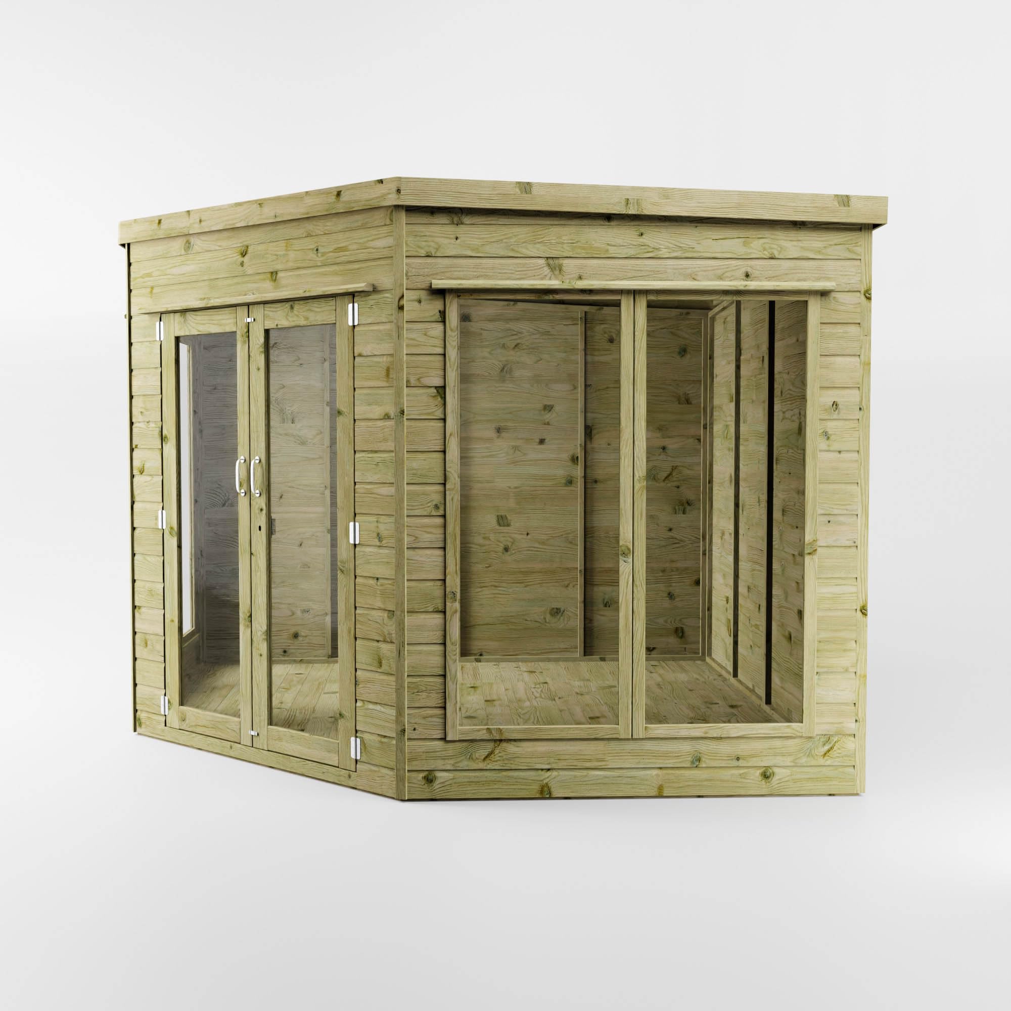Waltons Wooden Corner Summerhouse - Shiplap Tongue & Groove, Flat Roof, Double Door, 8 x 8 ft