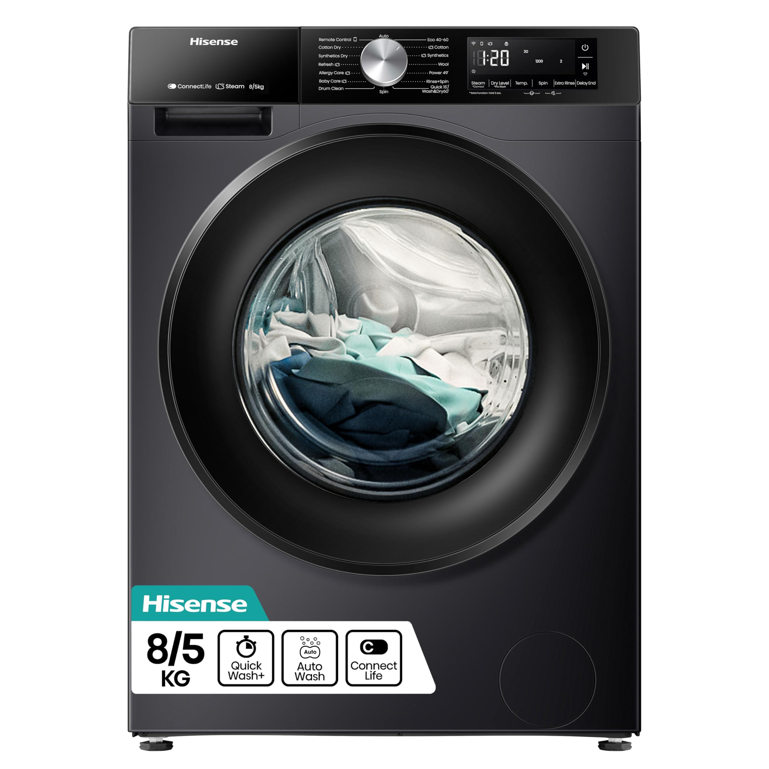 Hisense 3S Series Washer Dryer - 8kg/5kg, 1400 RPM, WiFi Connected, Black