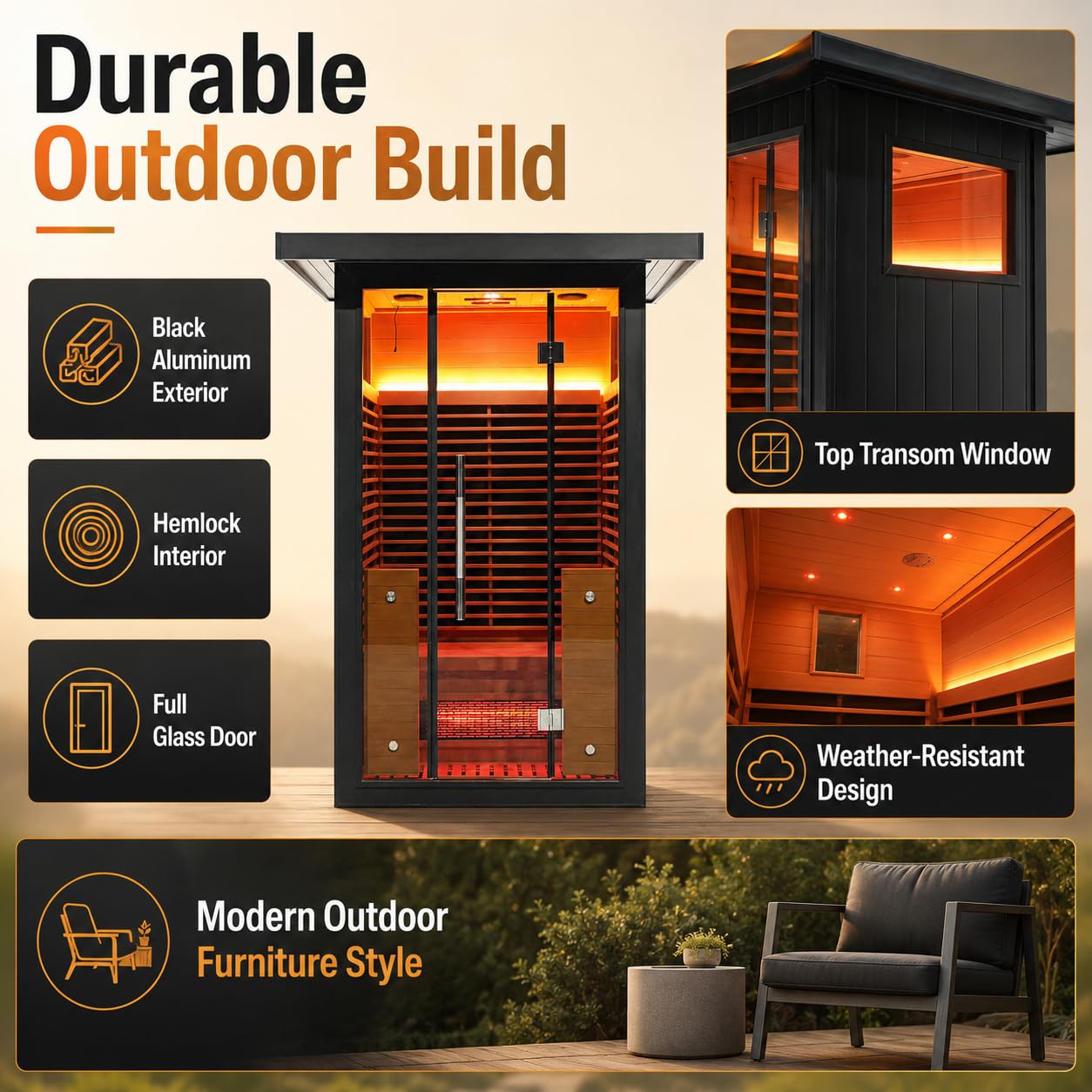 Infrared Sauna, 2-3 Person - 2700W, WiFi App Control, Black Aluminium Exterior