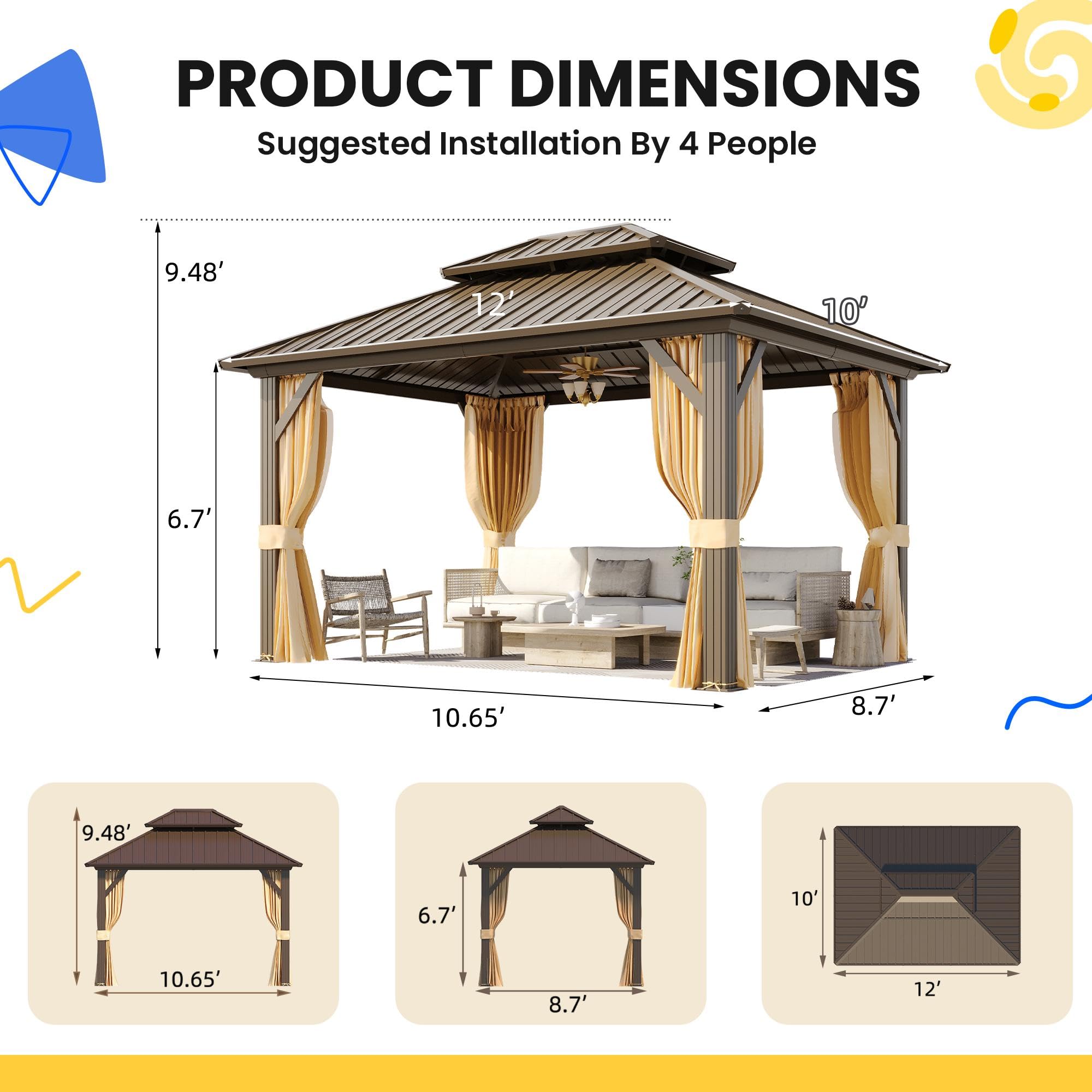 EROMMY Hardtop Gazebo - 3 x 3.6m, Aluminum Double Roof, Brown